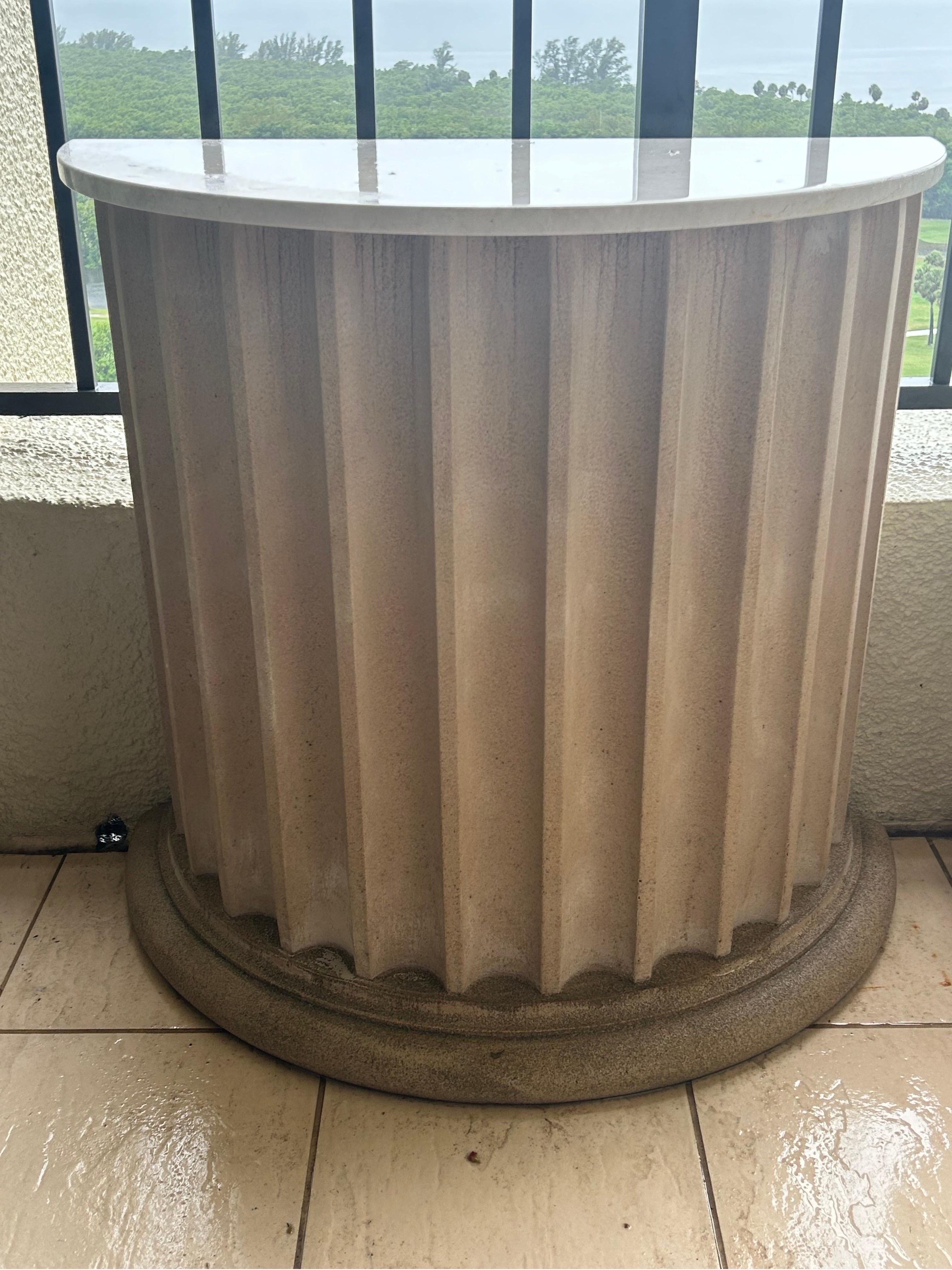 French Pair of garden tables with marble tops on fluted demilune cast sandstone bases For Sale