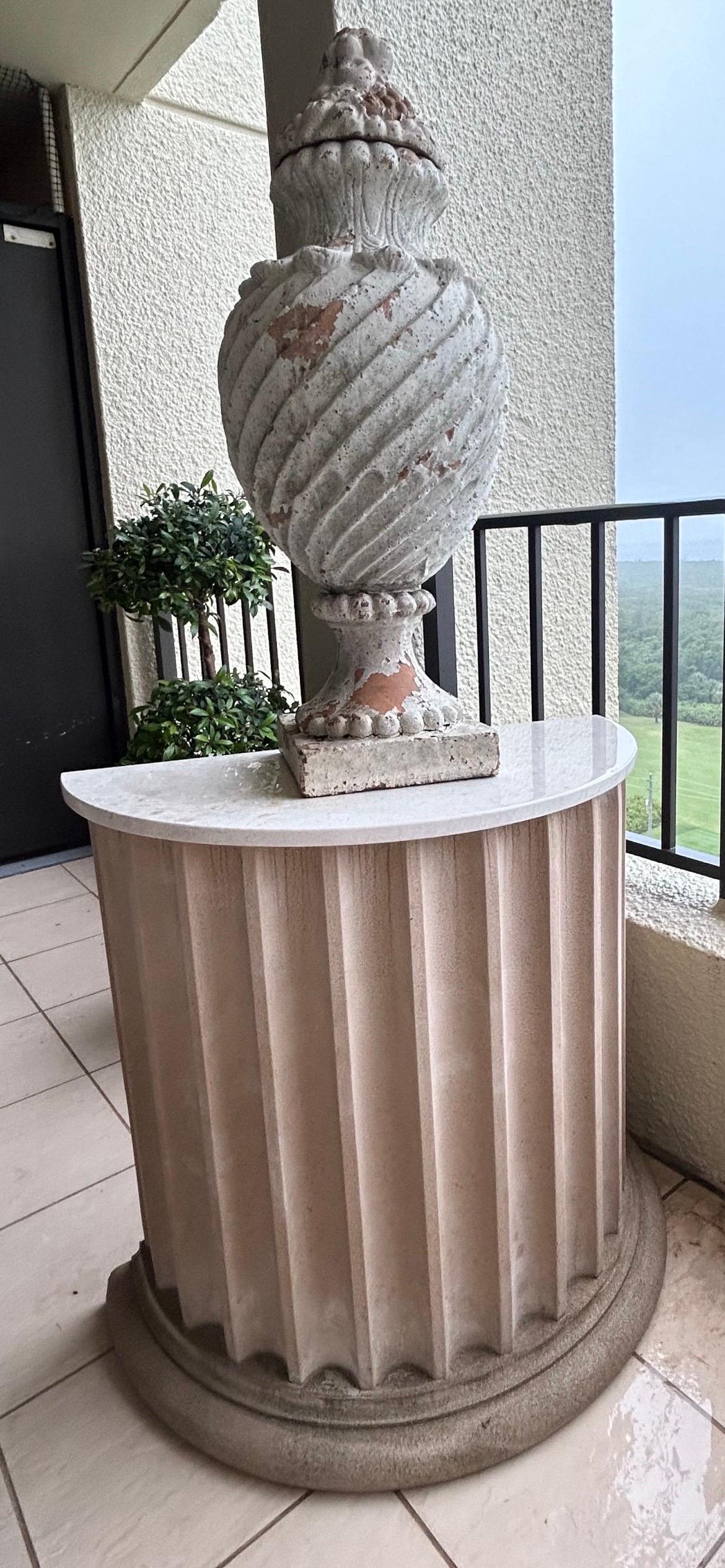 Cast Pair of garden tables with marble tops on fluted demilune cast sandstone bases For Sale