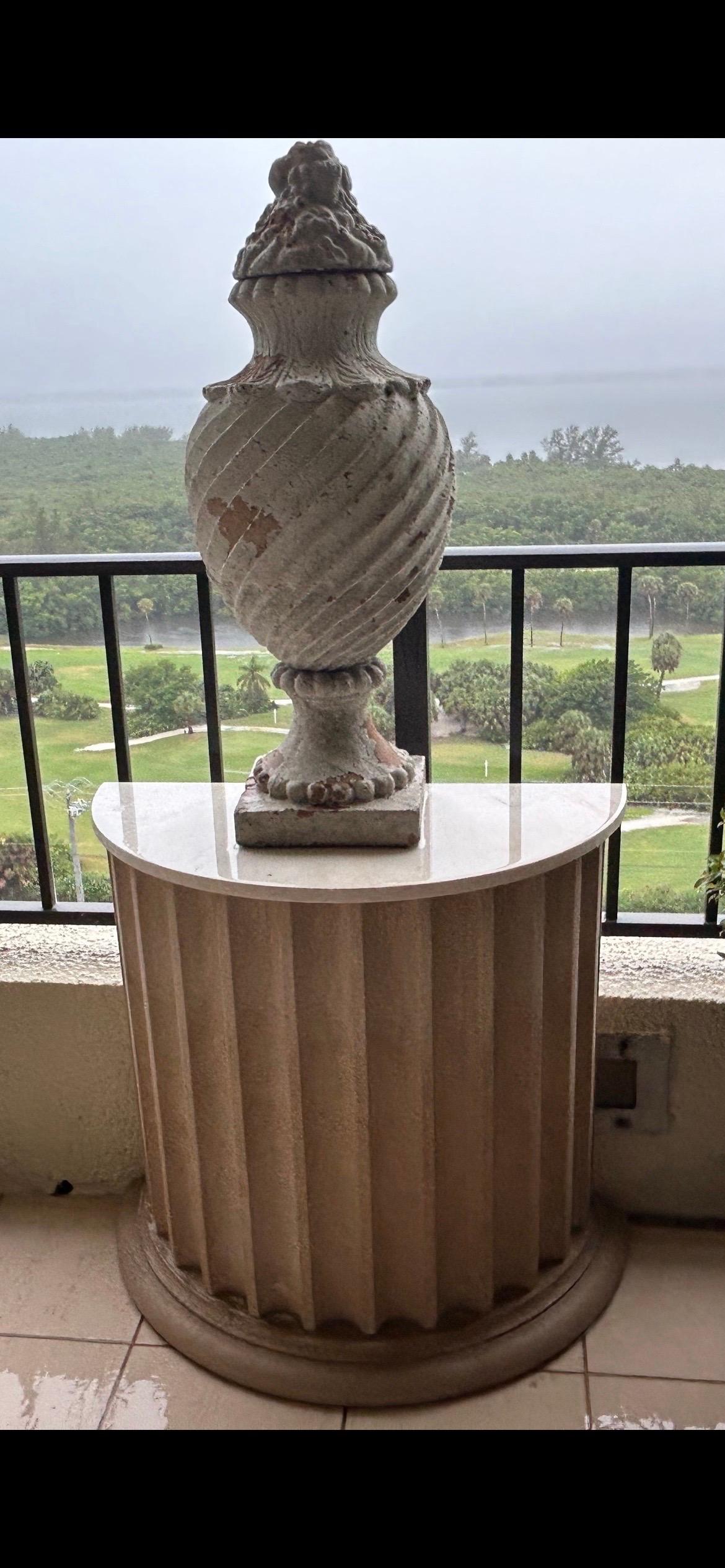 Pair of garden tables with marble tops on fluted demilune cast sandstone bases In Good Condition For Sale In West Palm Beach, FL