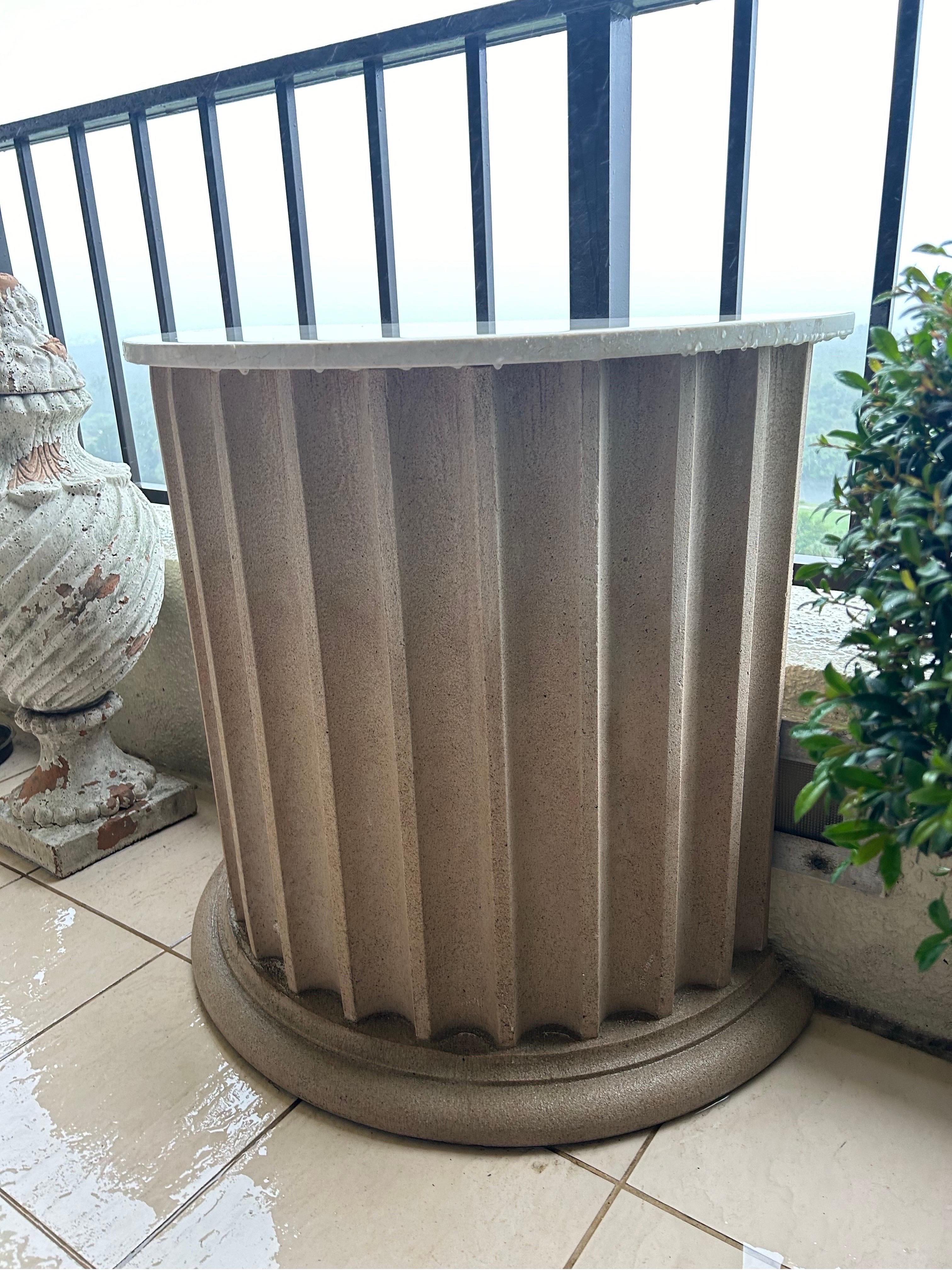 Pair of garden tables with marble tops on fluted demilune cast sandstone bases For Sale 1