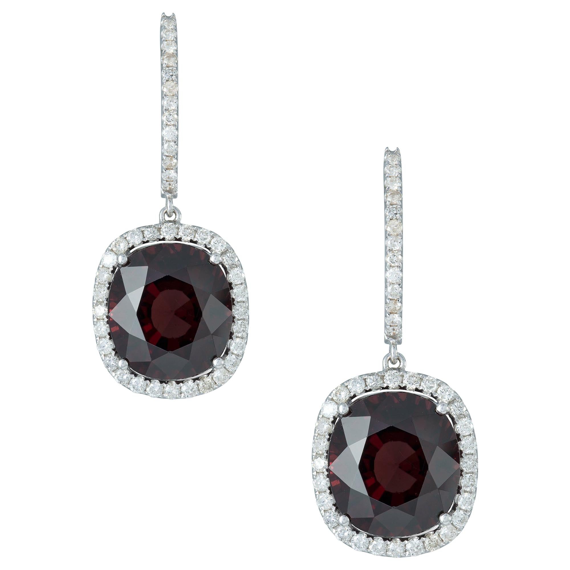 Pair of Garnet and Diamond Cluster Earrings For Sale