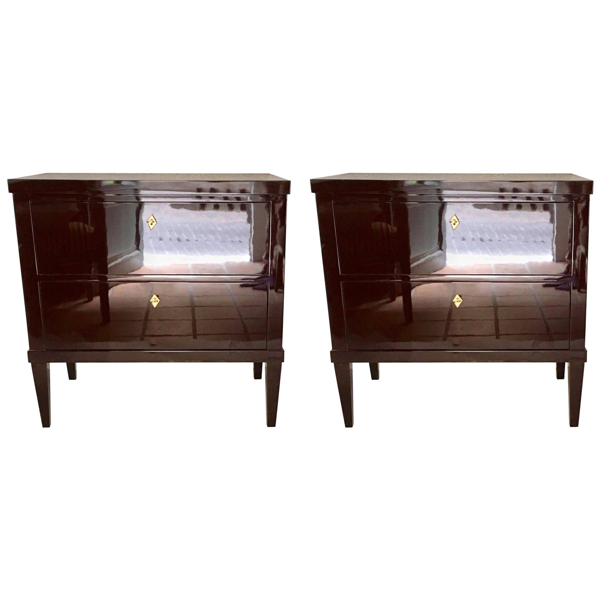 Pair of Garnet Lacquered Bierdemeier Style Commodes or Nightstands