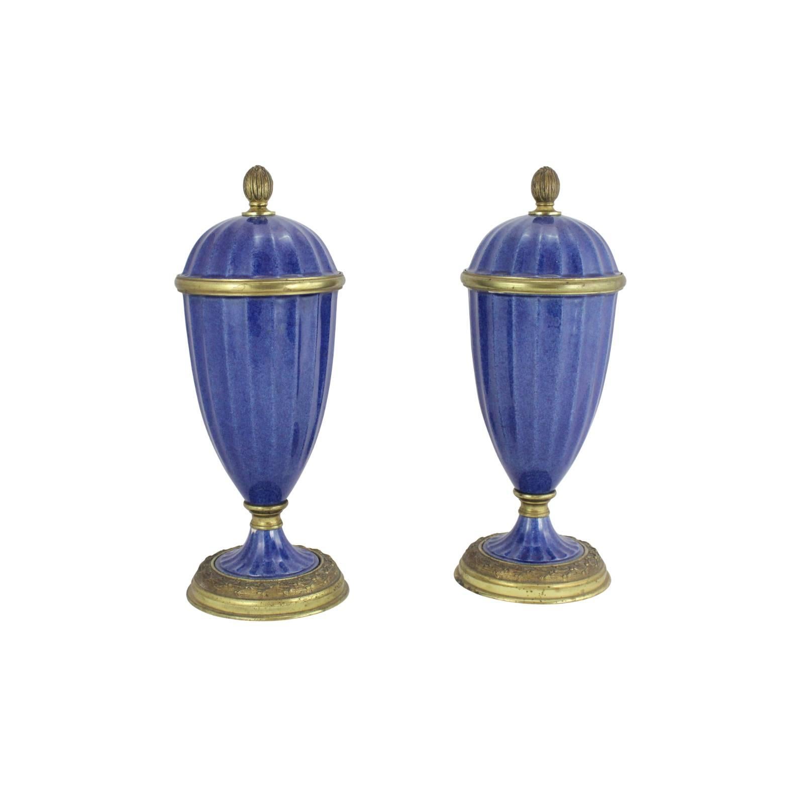 Art Deco Pair of Garniture in Lapis Blue by Paul Milet for Sevres