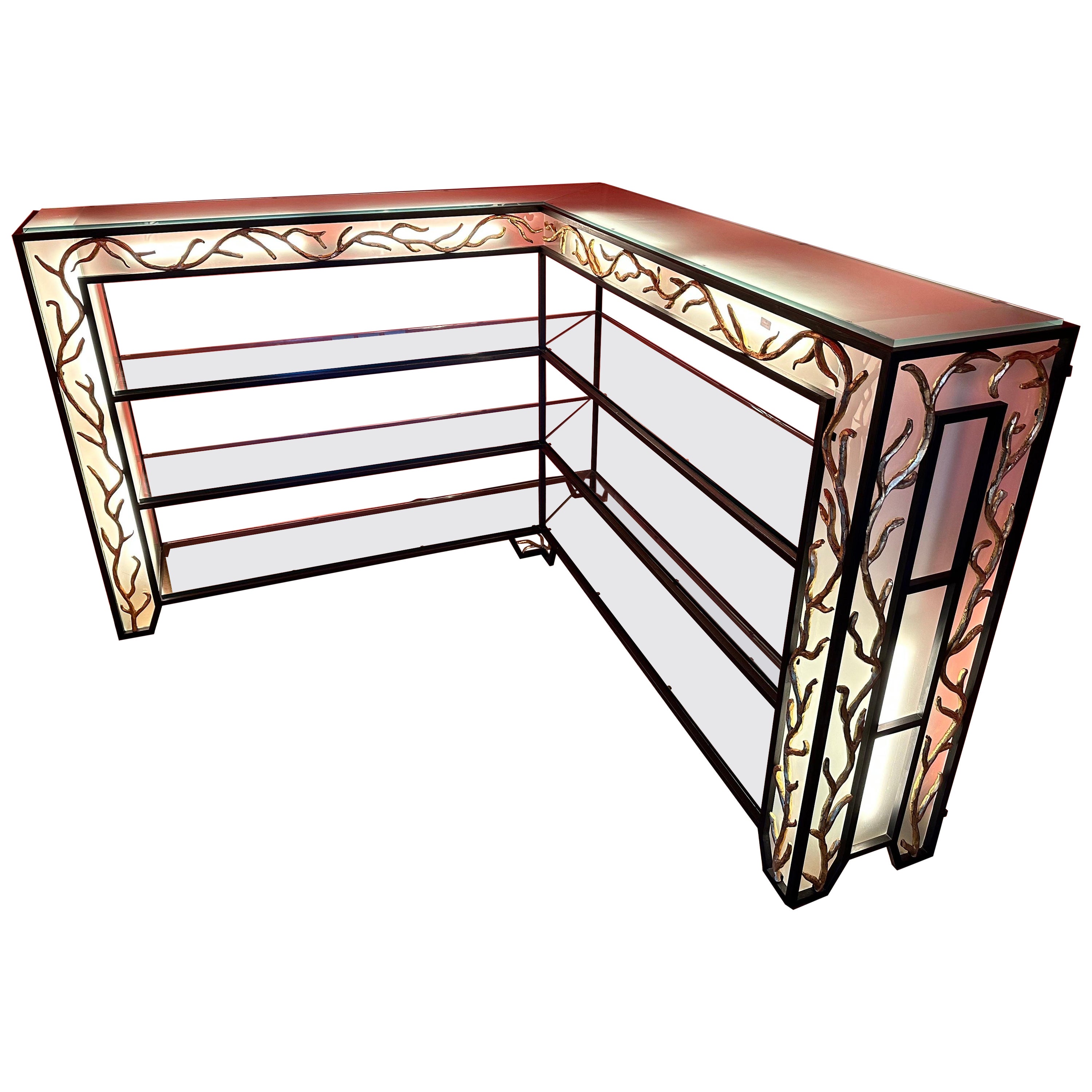 Pair of Garouste & Bonetti  Style Wrought Iron and Glass Corner Shelves For Sale