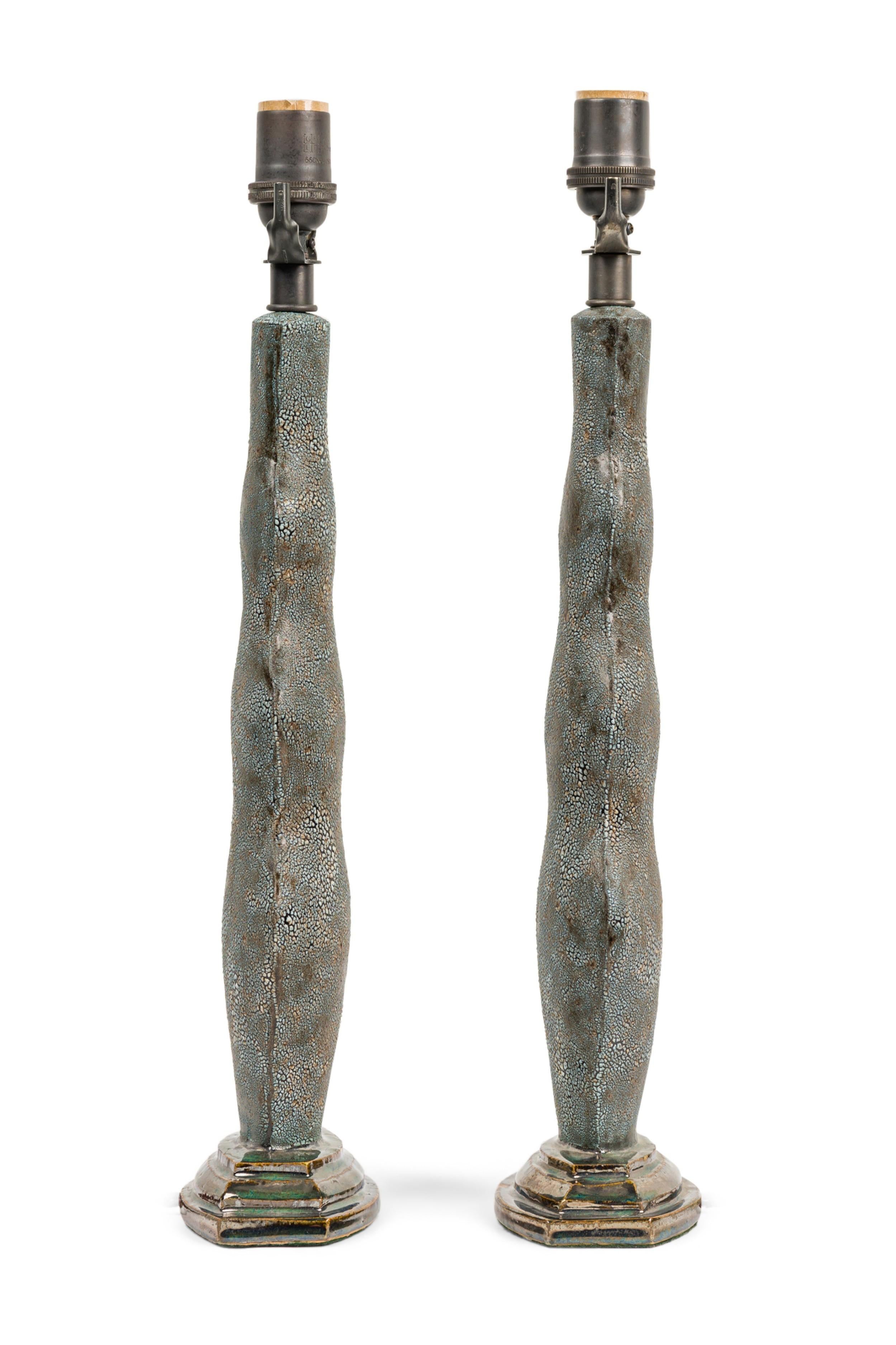 Pair of Gary DiPasquale Contemporary Hand-Built Blue-Black Bark Textured Â“EnvelopeÂ” Lamps (PRICED PER Pair)

Ships without shades