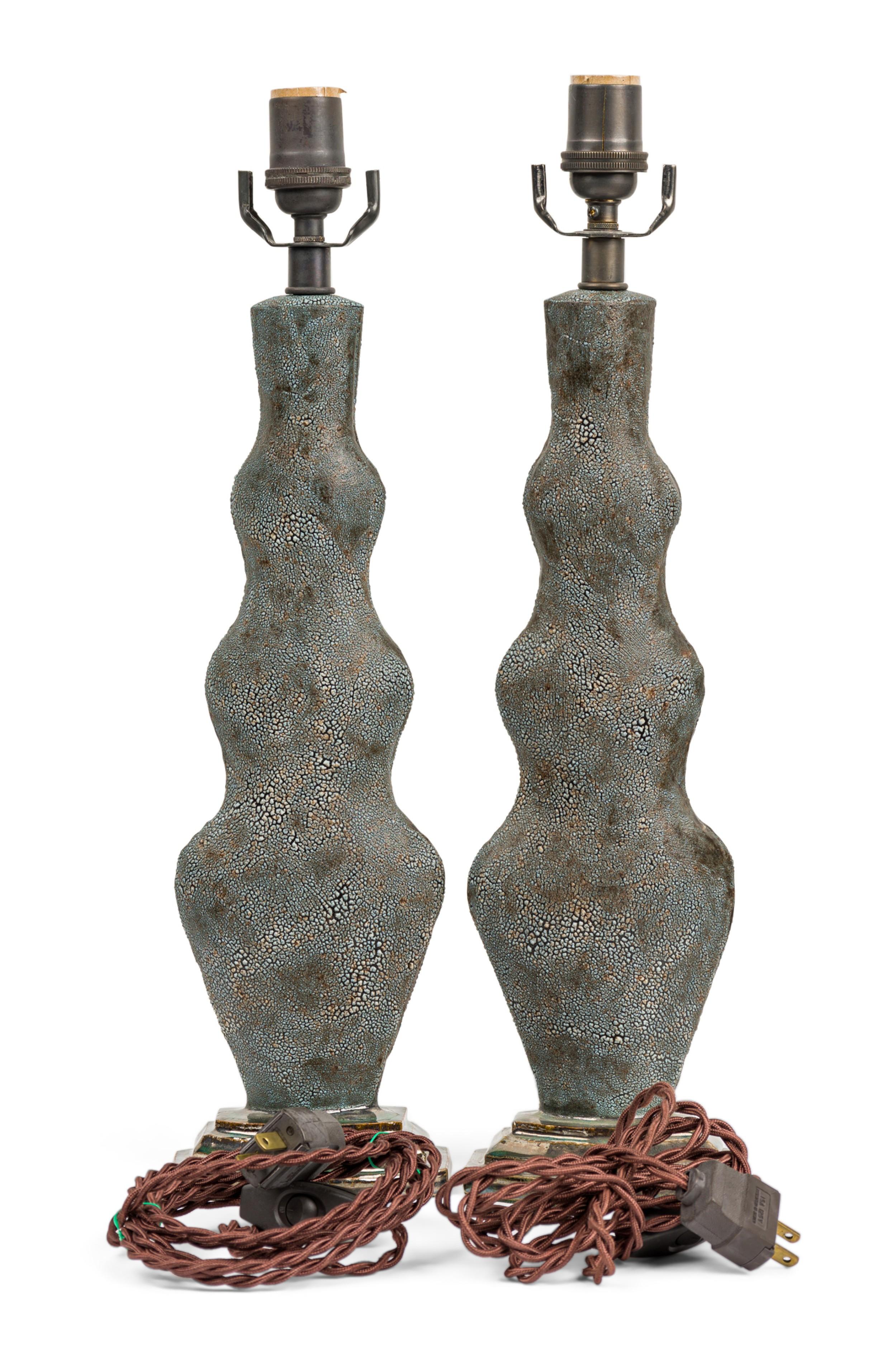 Modern Pair of Gary DiPasquale Hand-Built Blue-Black Bark Textured Envelope Lamps For Sale