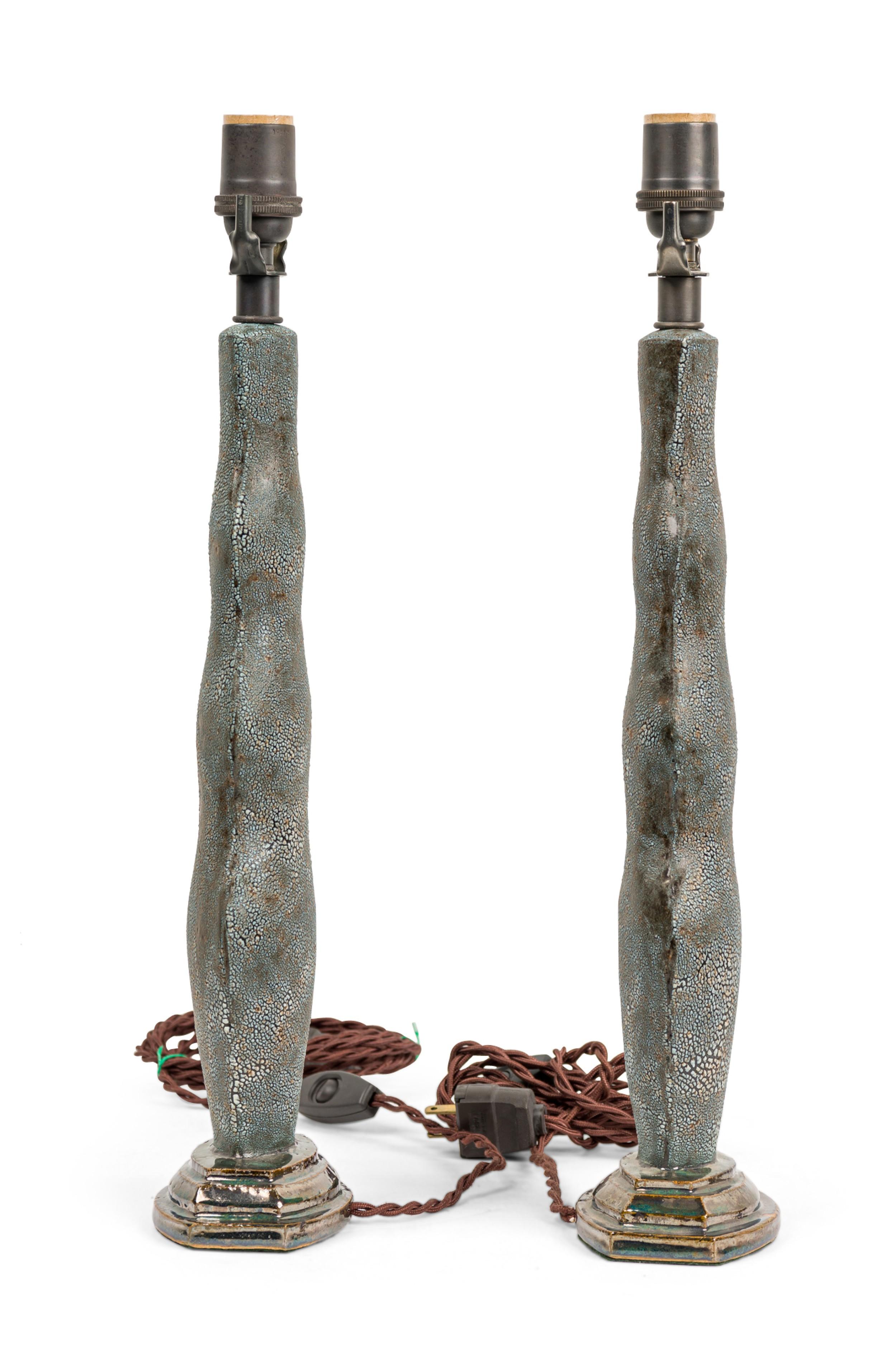 American Pair of Gary DiPasquale Hand-Built Blue-Black Bark Textured Envelope Lamps For Sale