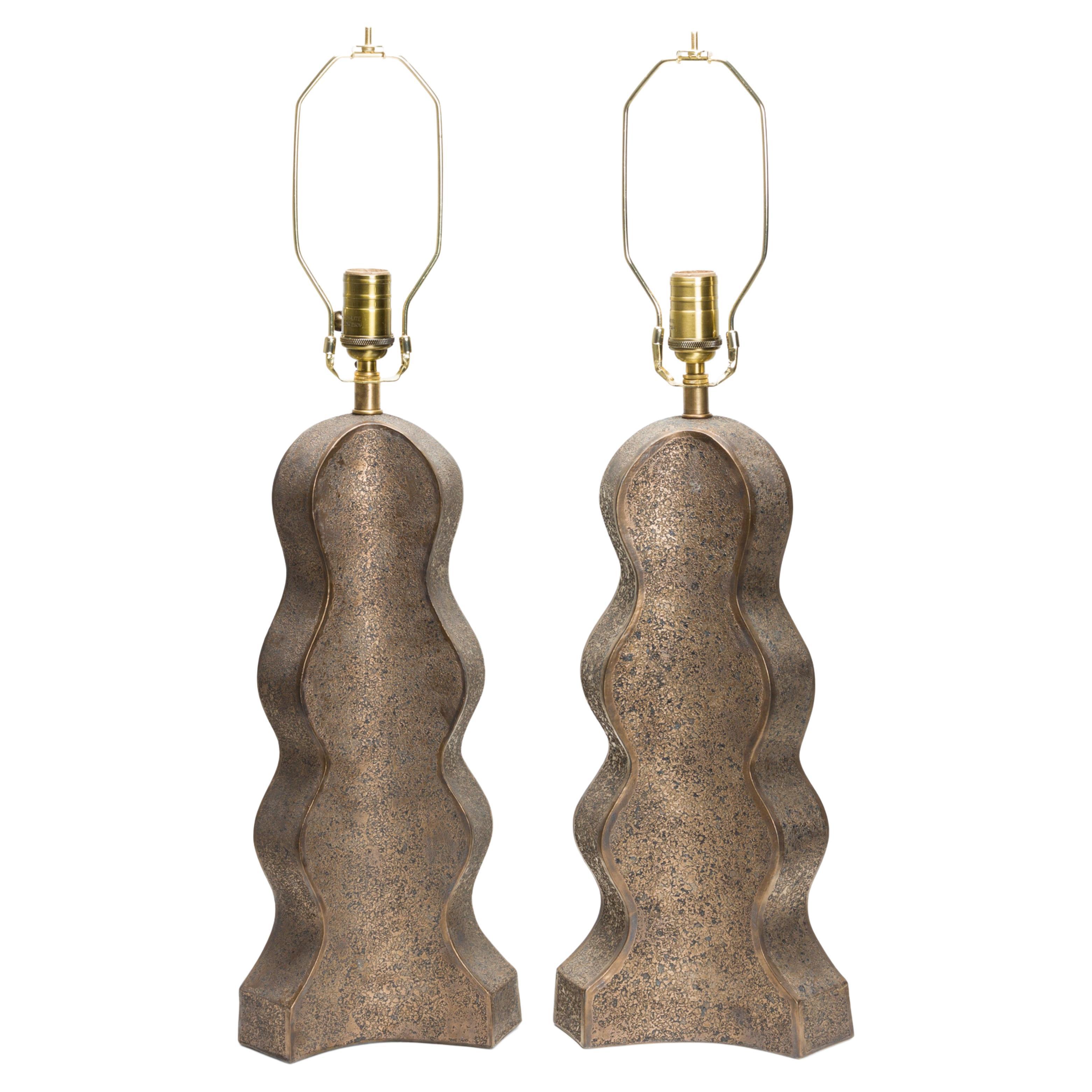 Pair of Gary Dipasquale Hand-Built Ceramic Lobed Form Bronze Glazed Lamps