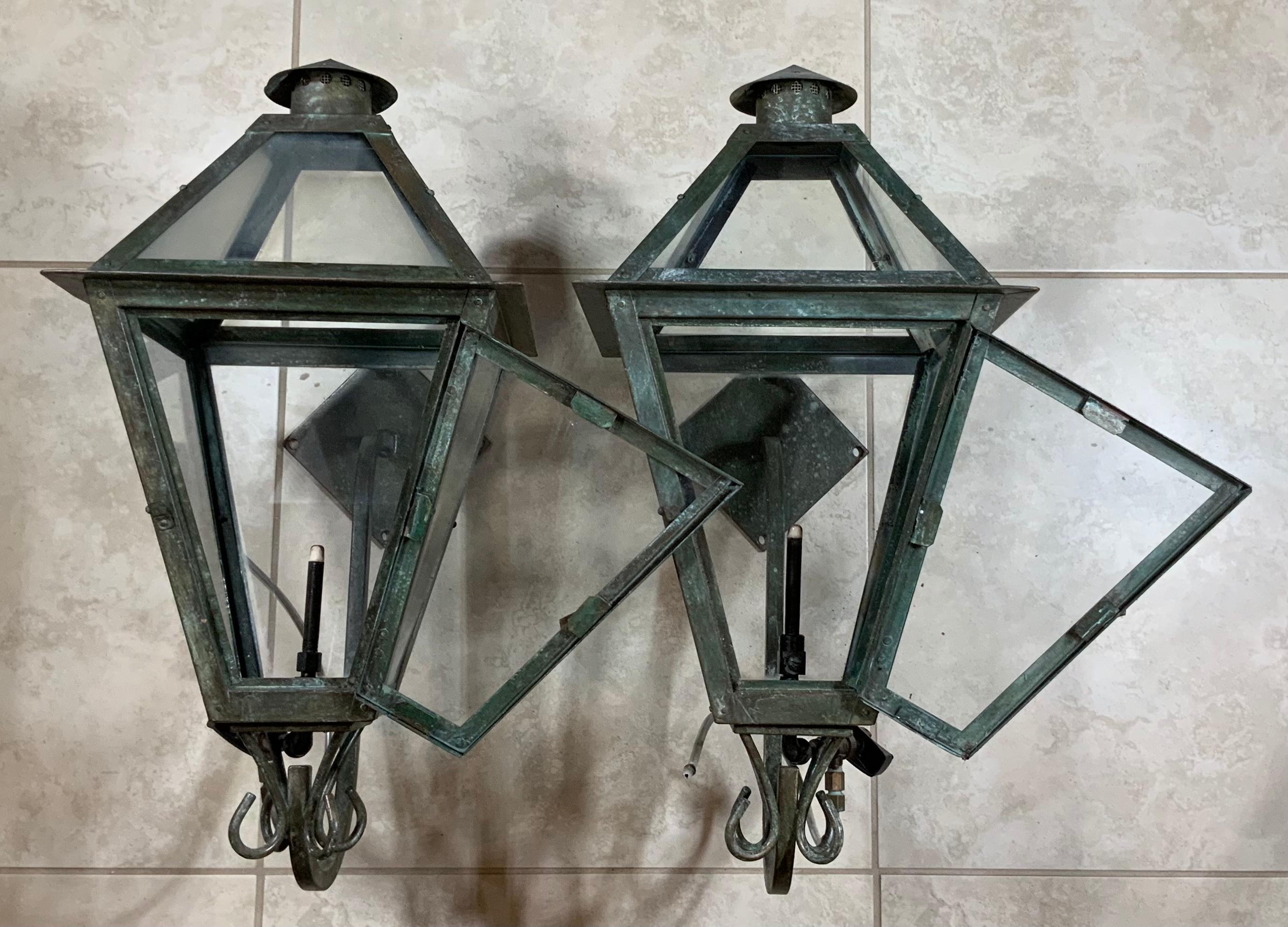 Pair of wall hanging gas lantern made of solid copper, the wall arm made of steel.
  