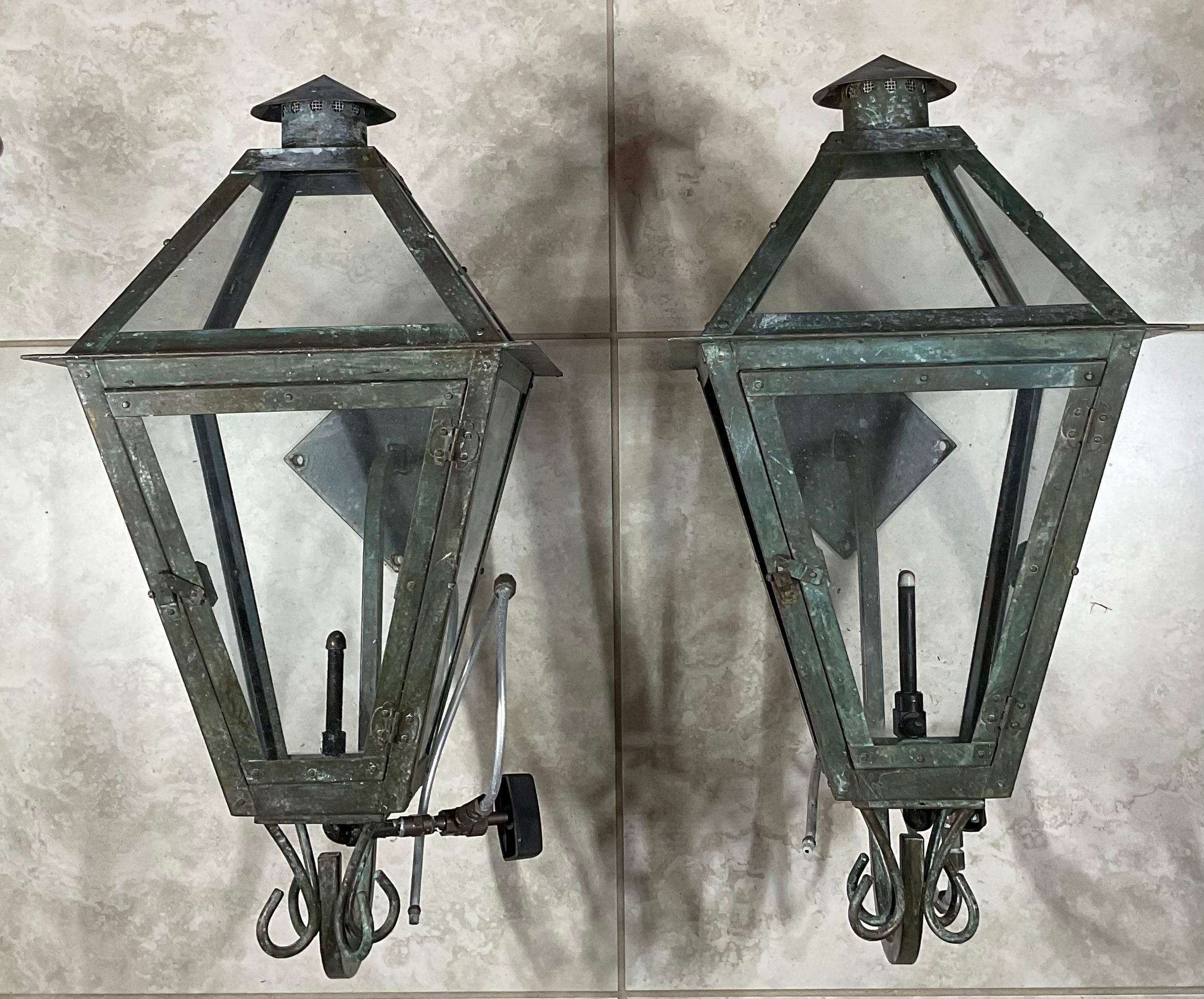 Pair of wall hanging gas lantern made of solid copper, the wall arm made of steel.
 