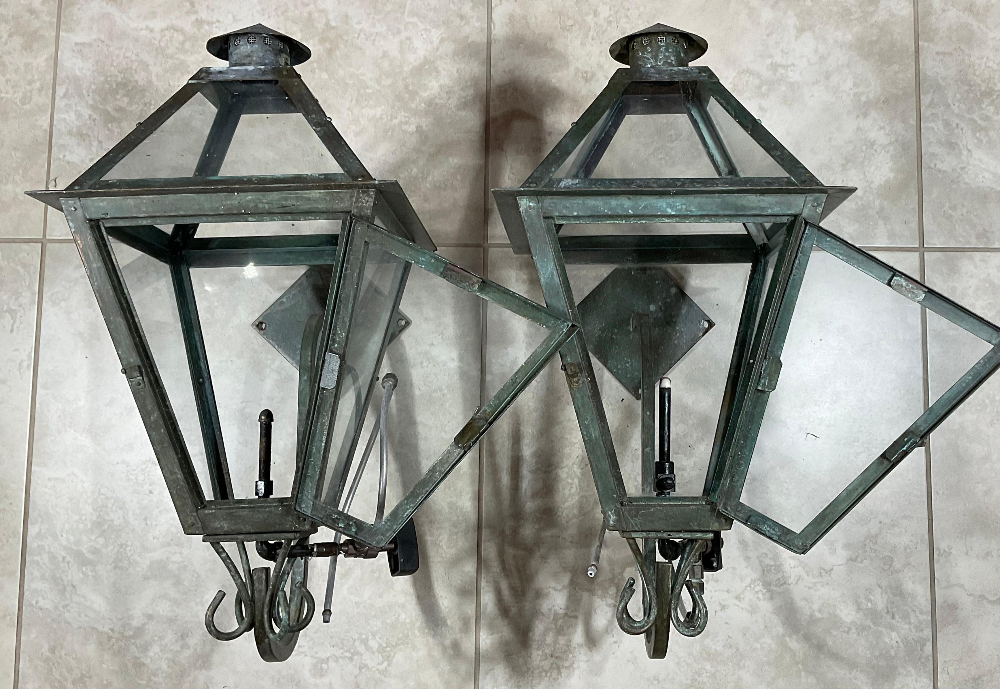 Pair of Gas Wall Hanging Copper Lantern In Good Condition In Delray Beach, FL