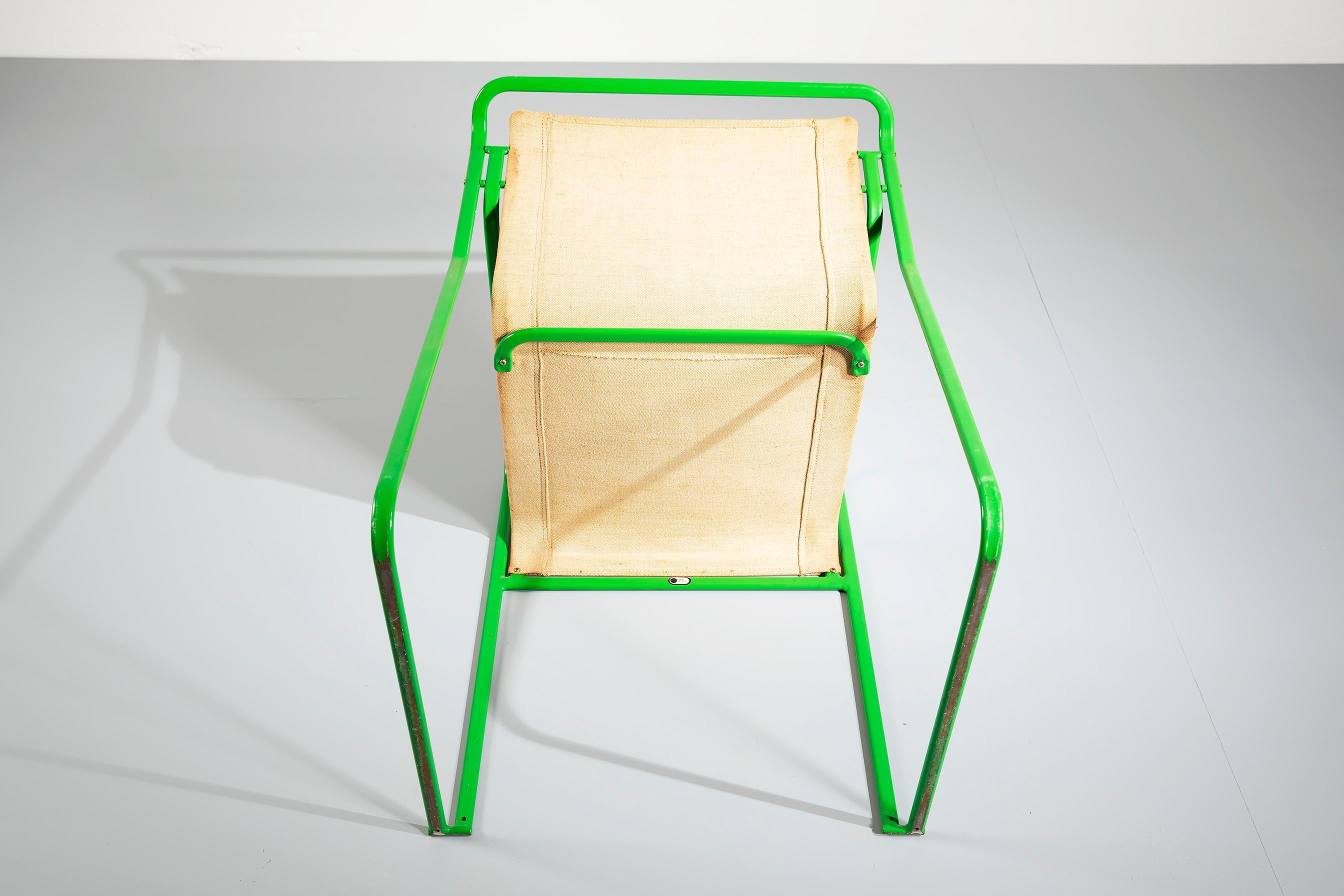 Pair of Gastone Rinaldi Green Lacquered Steel and Canvas Armchairs, 1979 For Sale 4