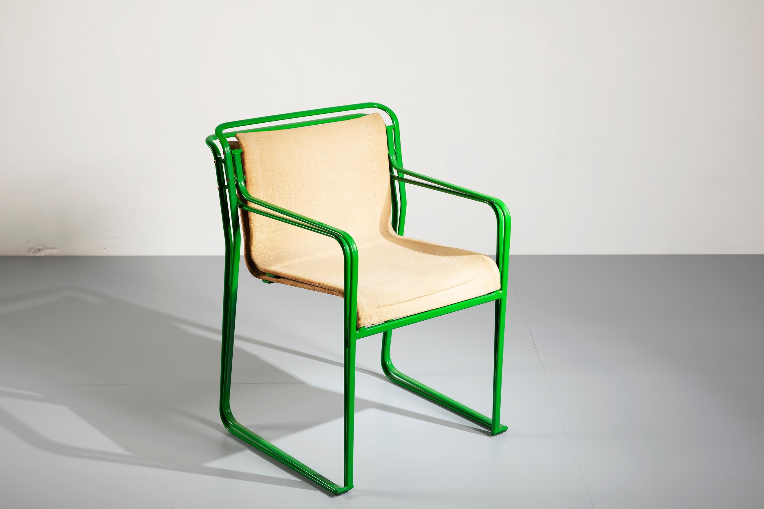 Pair of Gastone Rinaldi Green Lacquered Steel and Canvas Armchairs, 1979 For Sale 6