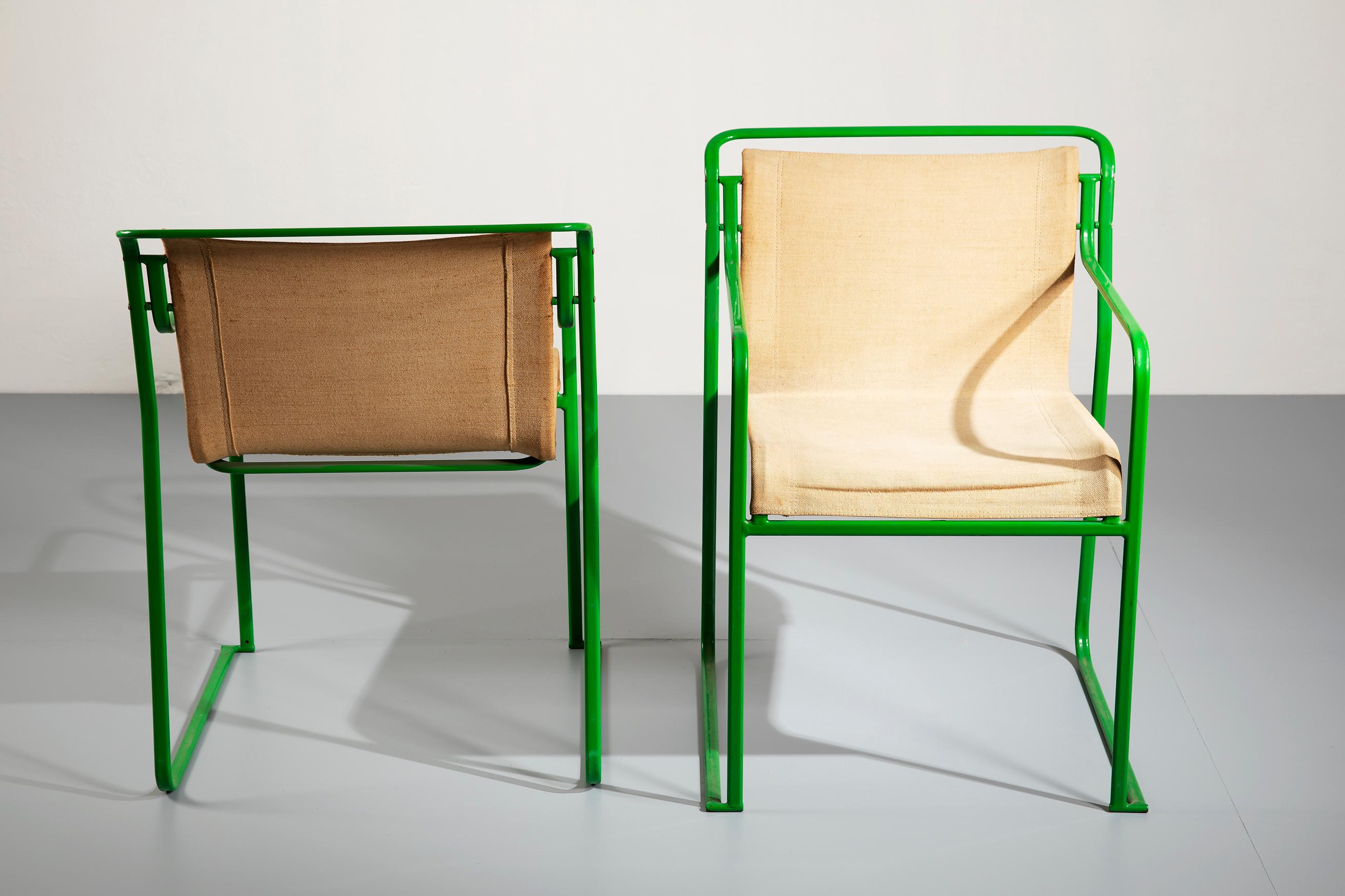 Pair of Gastone Rinaldi Green Lacquered Steel and Canvas Armchairs, 1979 For Sale 7