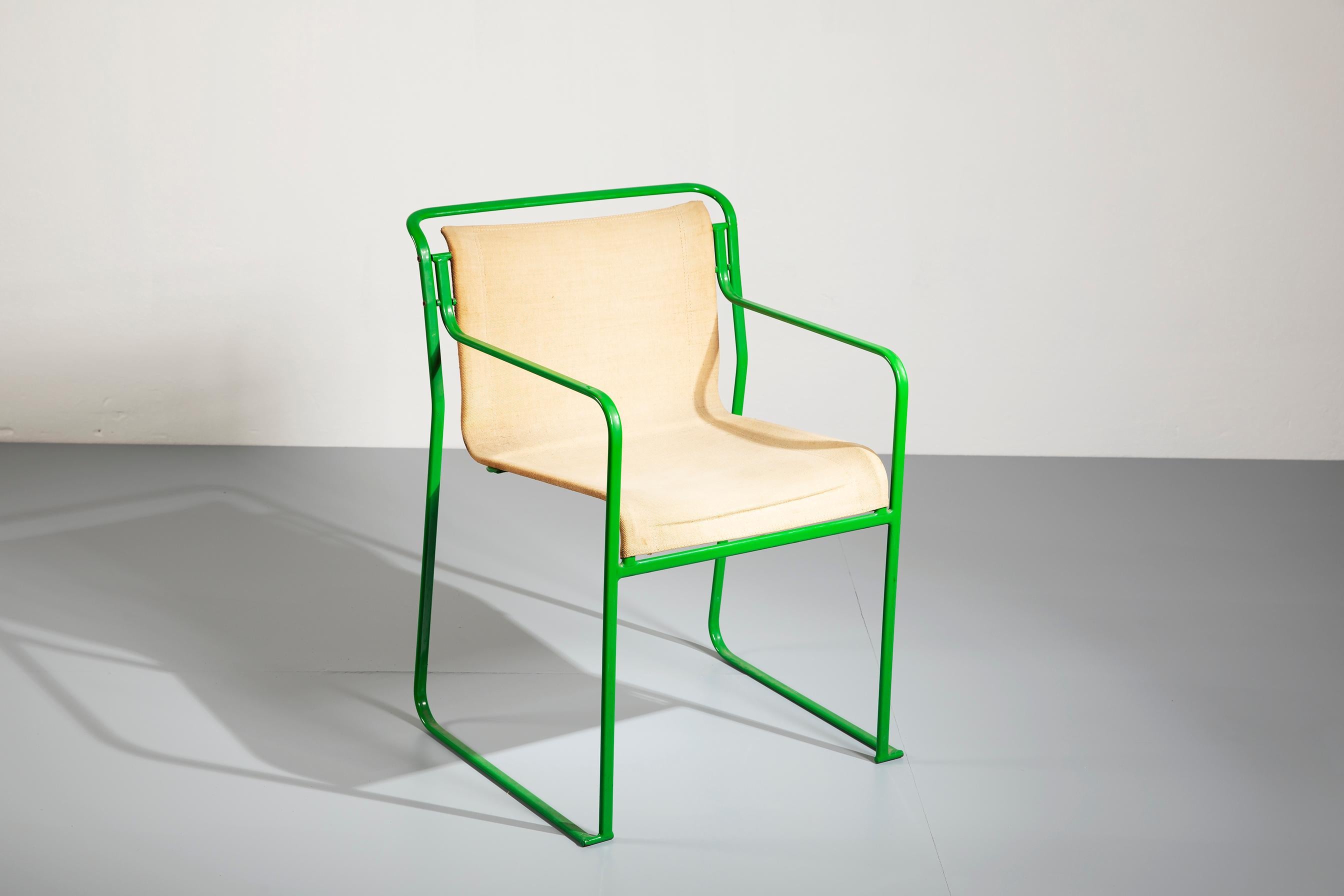 Mid-Century Modern Pair of Gastone Rinaldi Green Lacquered Steel and Canvas Armchairs, 1979 For Sale