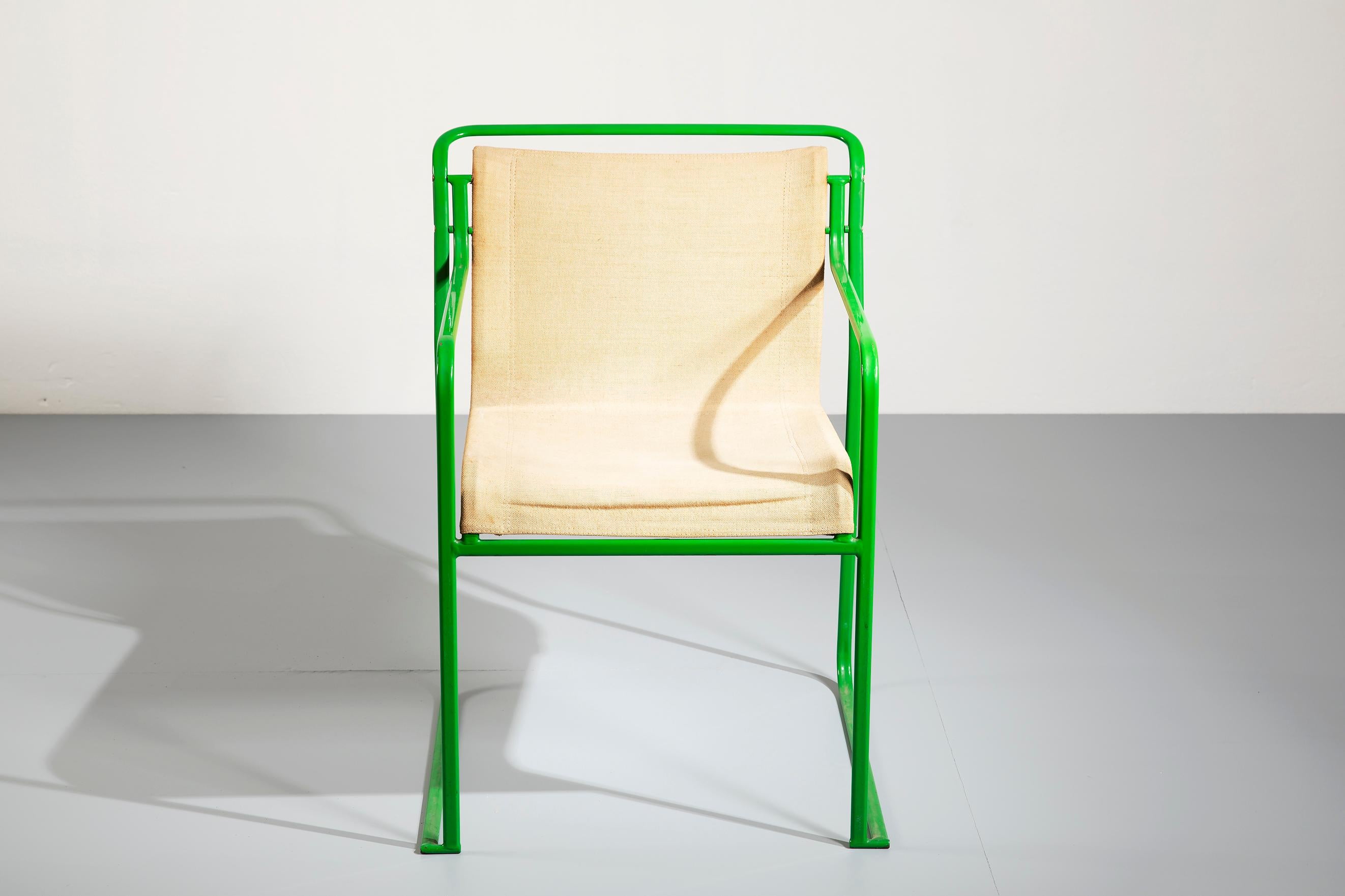 Italian Pair of Gastone Rinaldi Green Lacquered Steel and Canvas Armchairs, 1979 For Sale