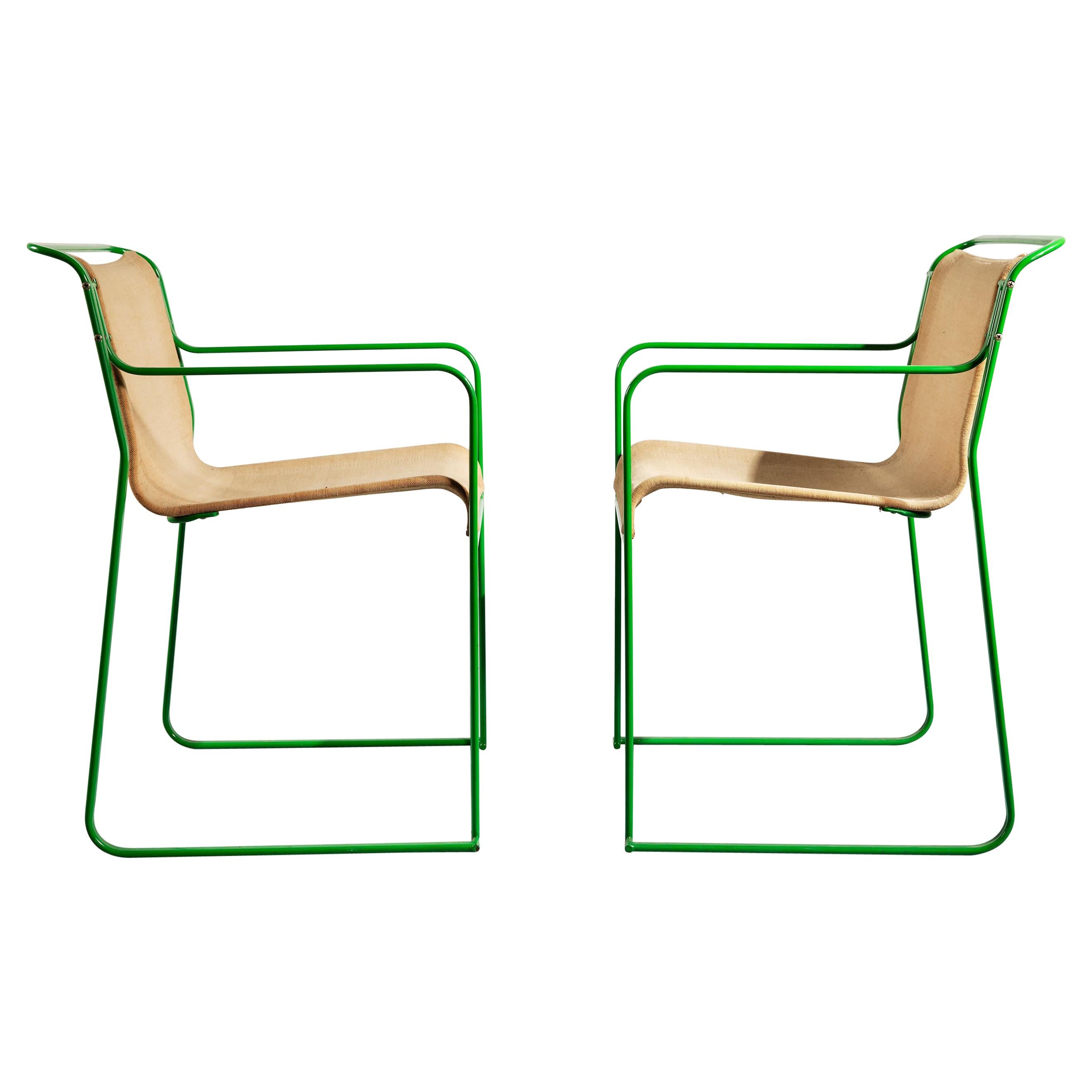 Pair of Gastone Rinaldi Green Lacquered Steel and Canvas Armchairs, 1979 For Sale