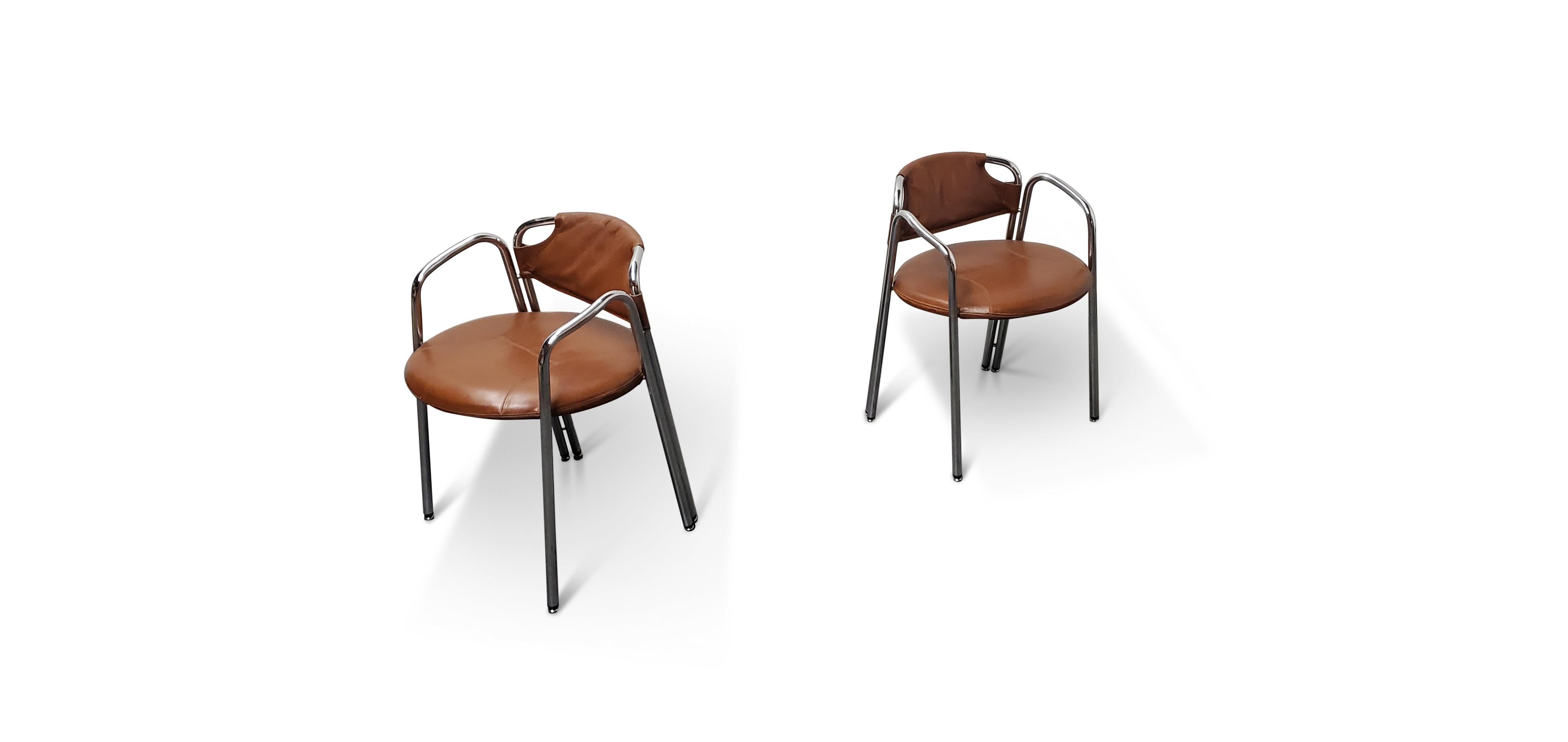 Pair of Gastone Rinaldi 'La Dopietta' Leather and Chrome Chairs  5