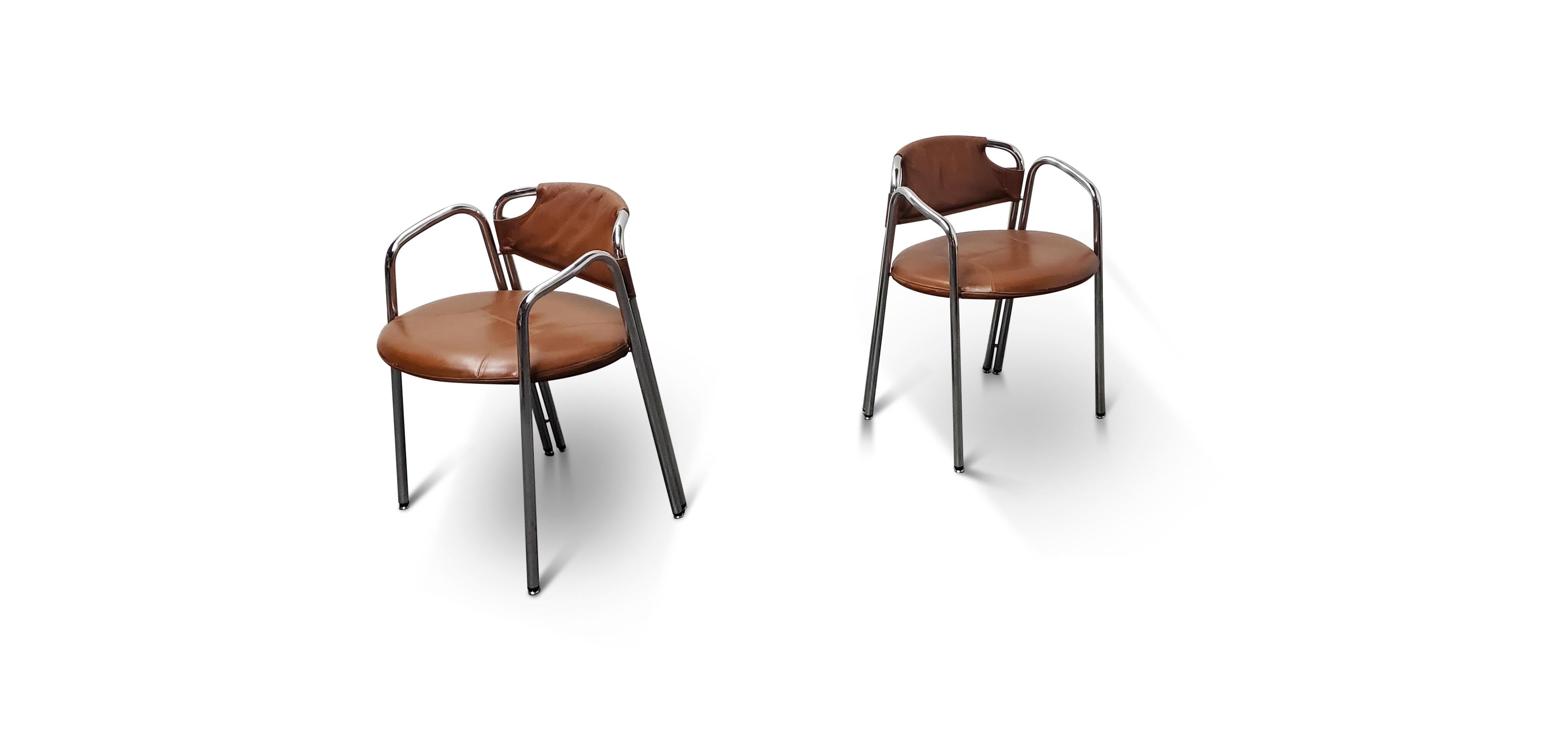 Pair of Gastone Rinaldi 'La Dopietta' Leather and Chrome Chairs  7