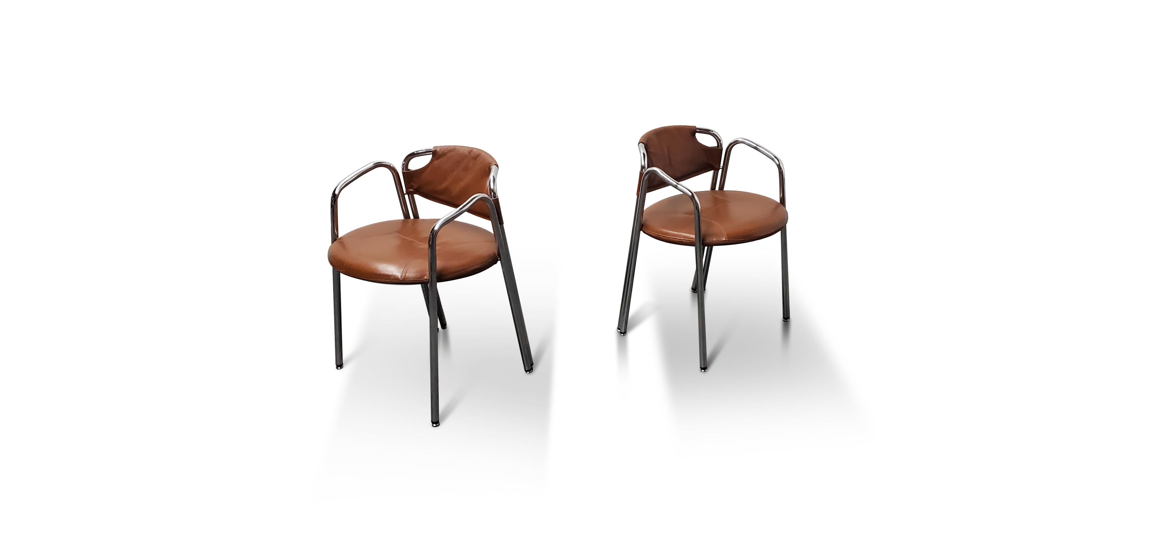 Mid-Century Modern Pair of Gastone Rinaldi 'La Dopietta' Leather and Chrome Chairs 