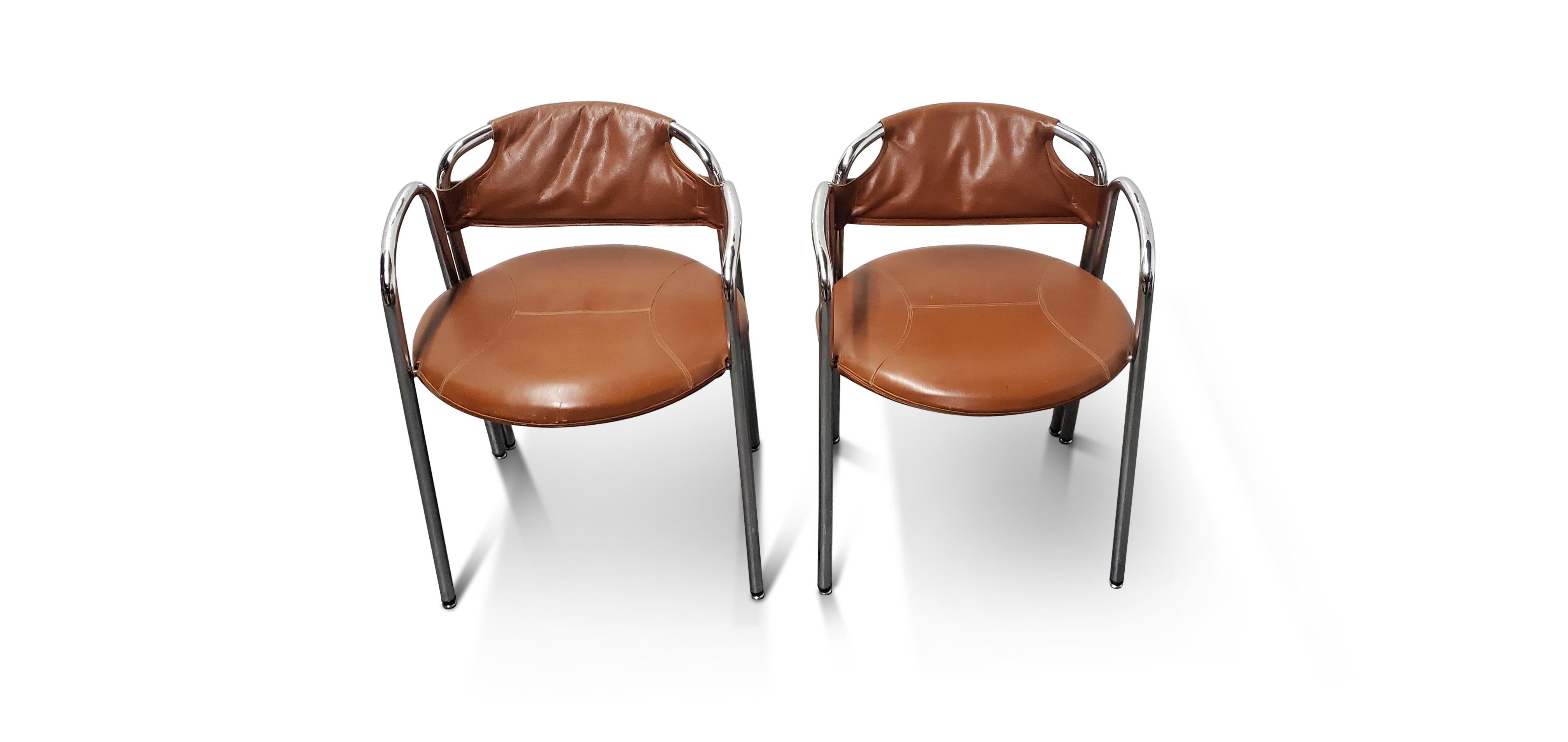 Italian Pair of Gastone Rinaldi 'La Dopietta' Leather and Chrome Chairs 