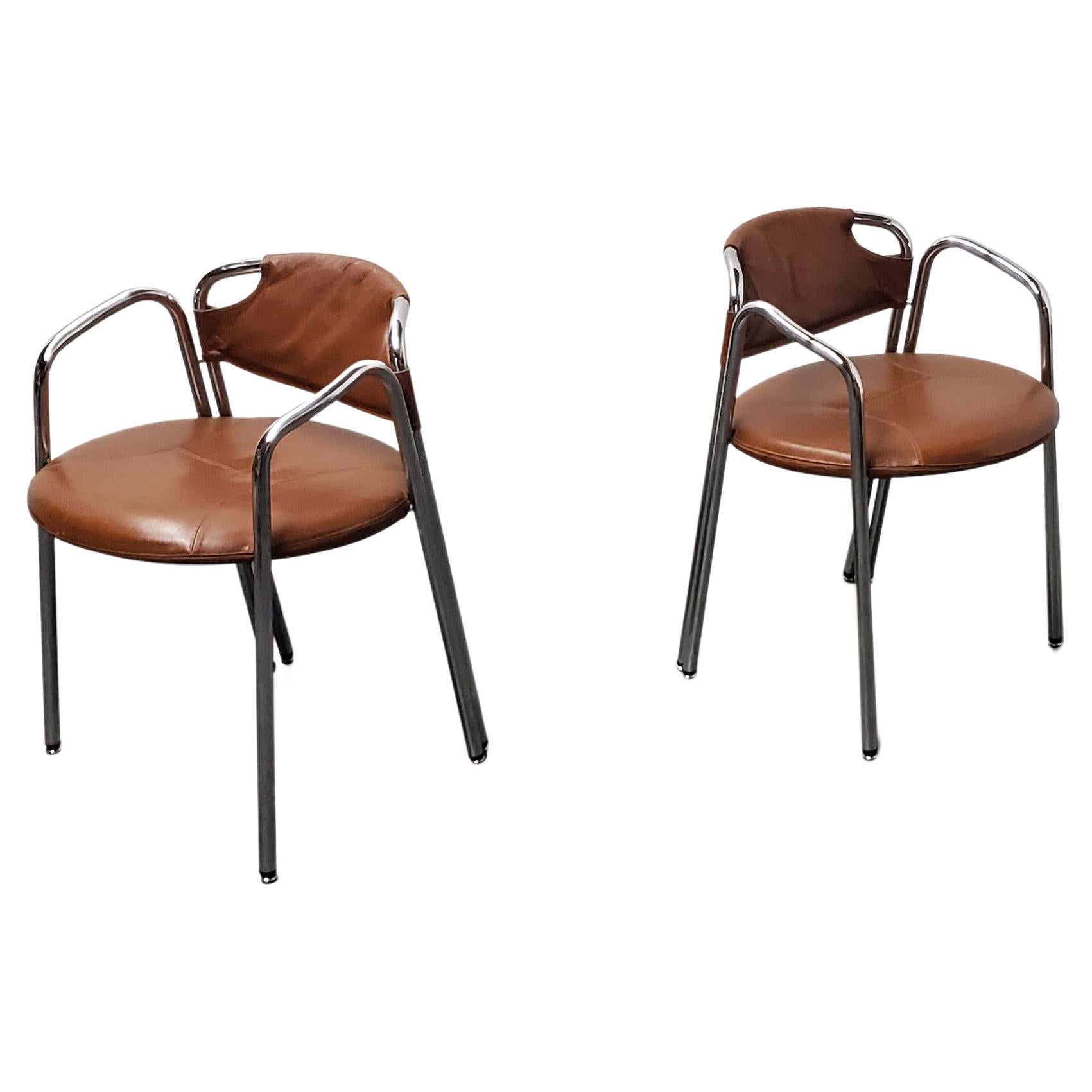 Pair of Gastone Rinaldi 'La Dopietta' Leather and Chrome Chairs 