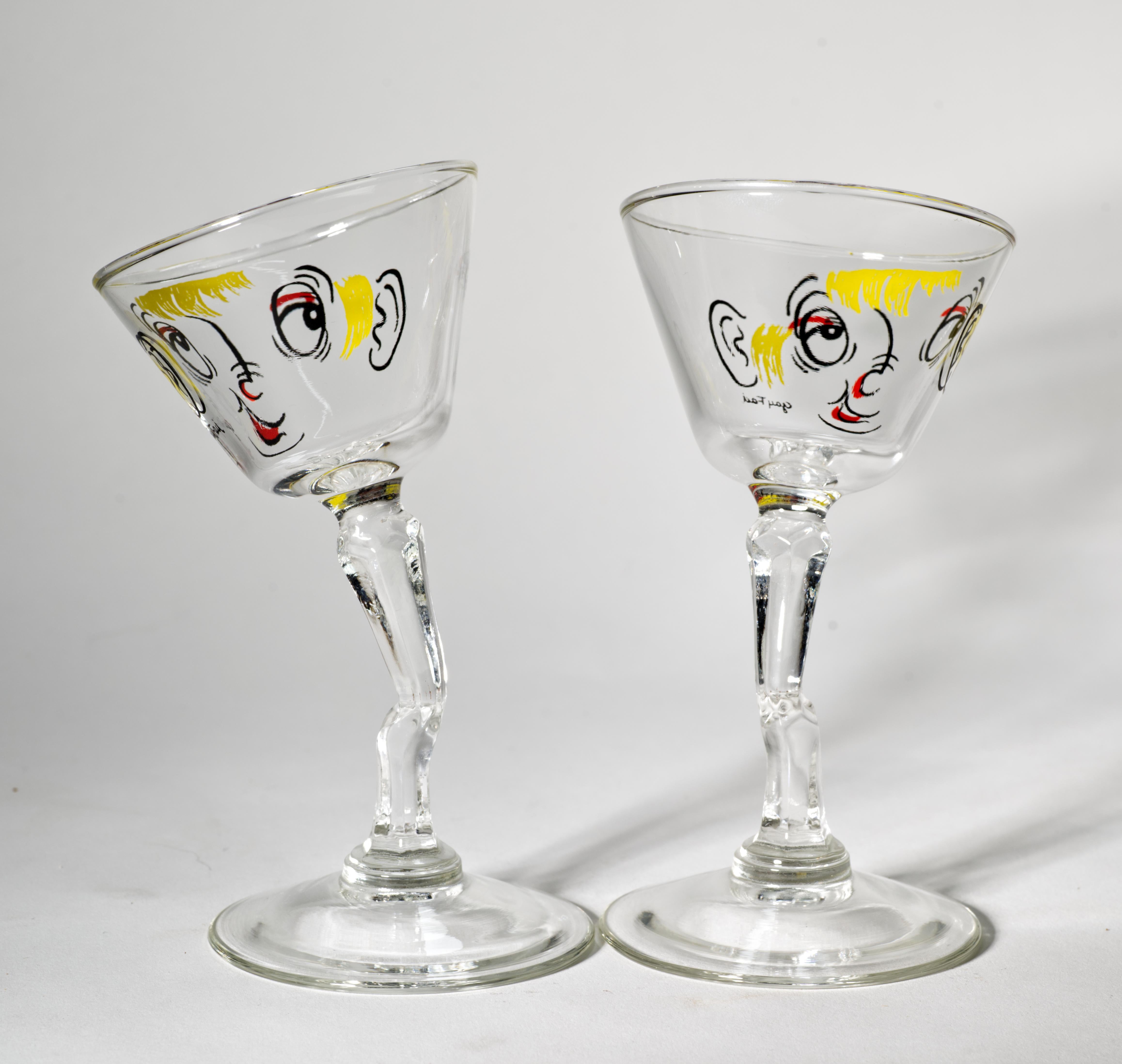Pareja de copas de cóctel o martini de tallo curvado Beau Brummel de Gay Fad Studio Años 50 Moderno de mediados de siglo en venta