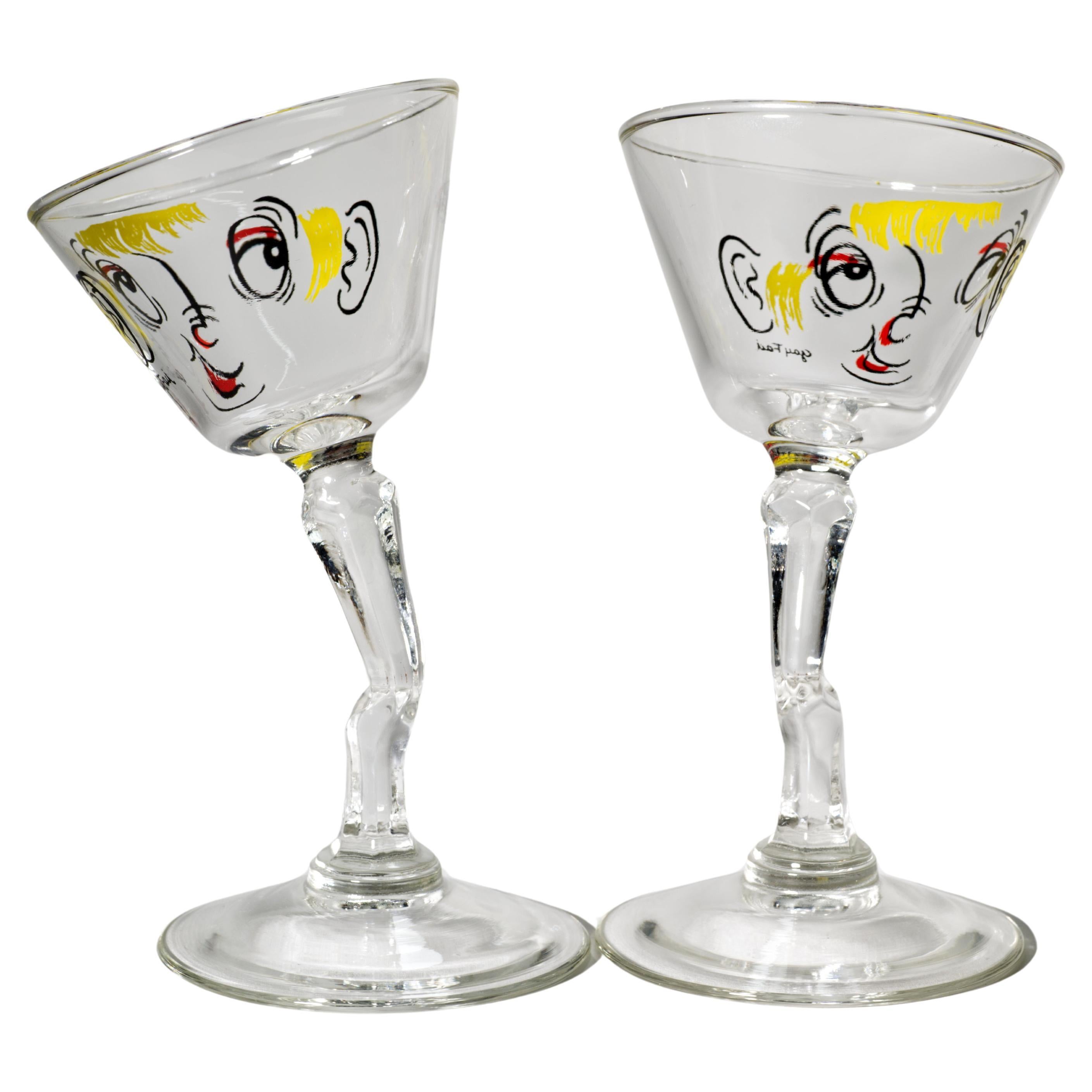 Pareja de copas de cóctel o martini de tallo curvado Beau Brummel de Gay Fad Studio Años 50 en venta