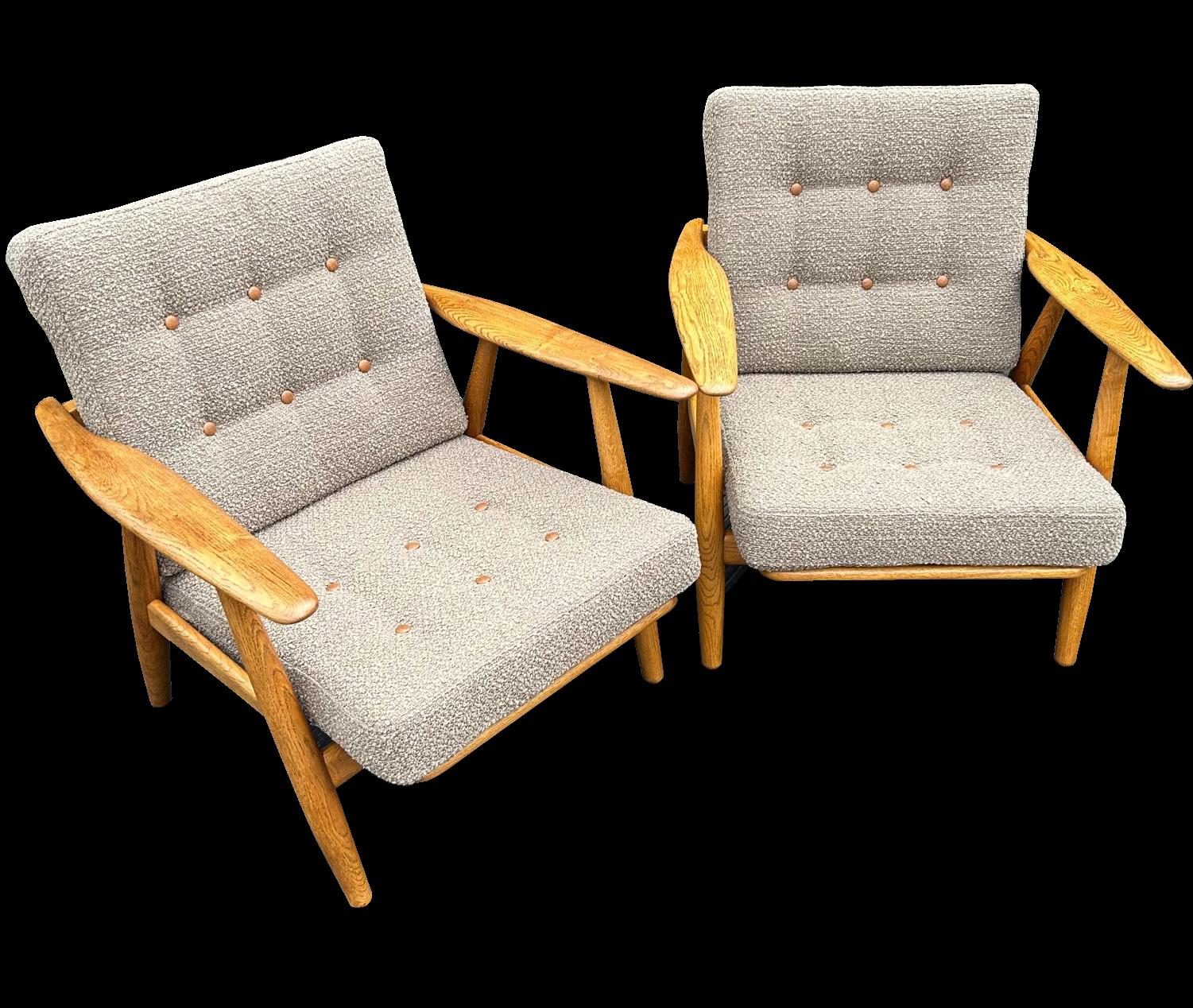 Hopefully, as the photos show, these are a beautiful pair of cigar chairs, the frames in great condition, and with freshly upholstered cushions in Mocha colour boucle 