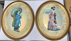 Pair of Geishas in Oval Convex Giltwood Frames