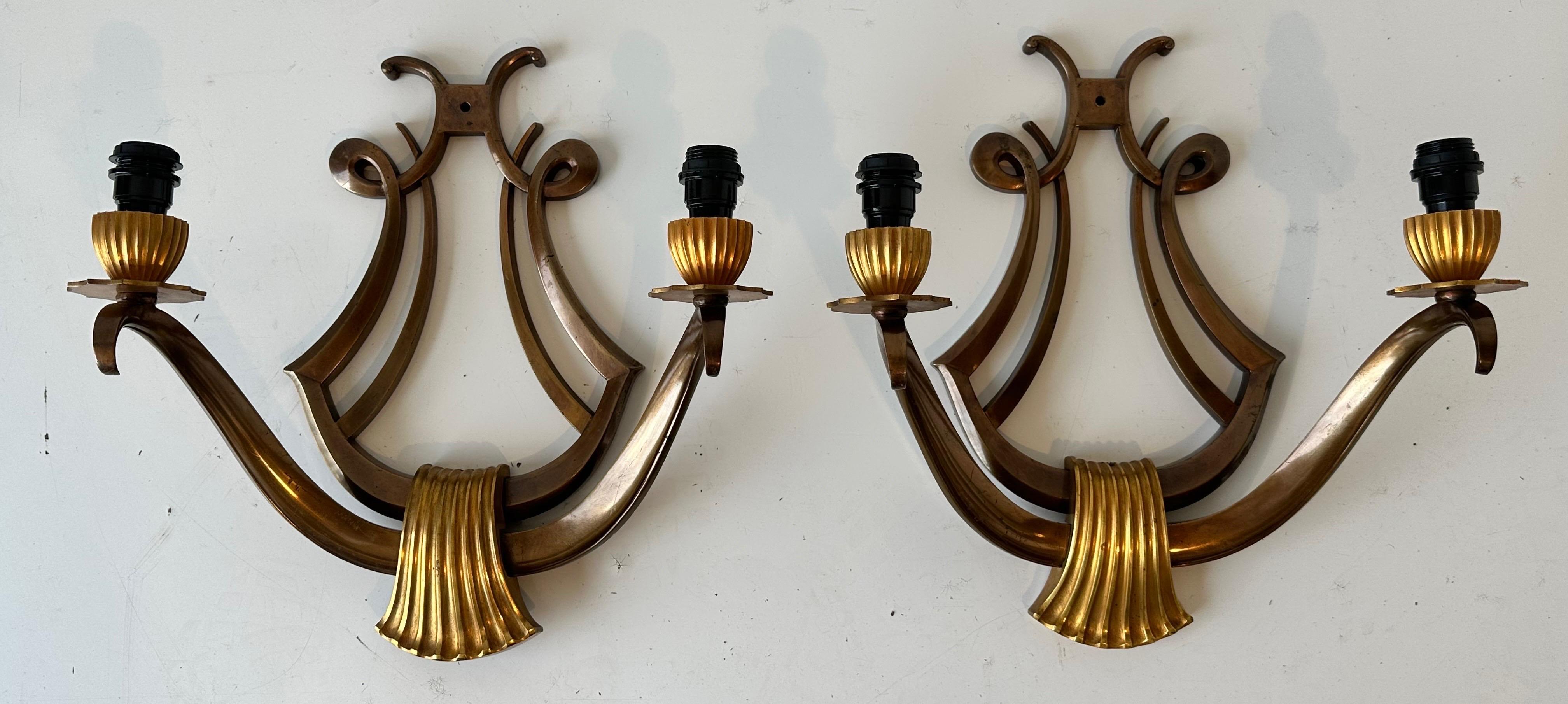 Pair of Genet Et Michon “Lyre” Bronze Sconces For Sale 4