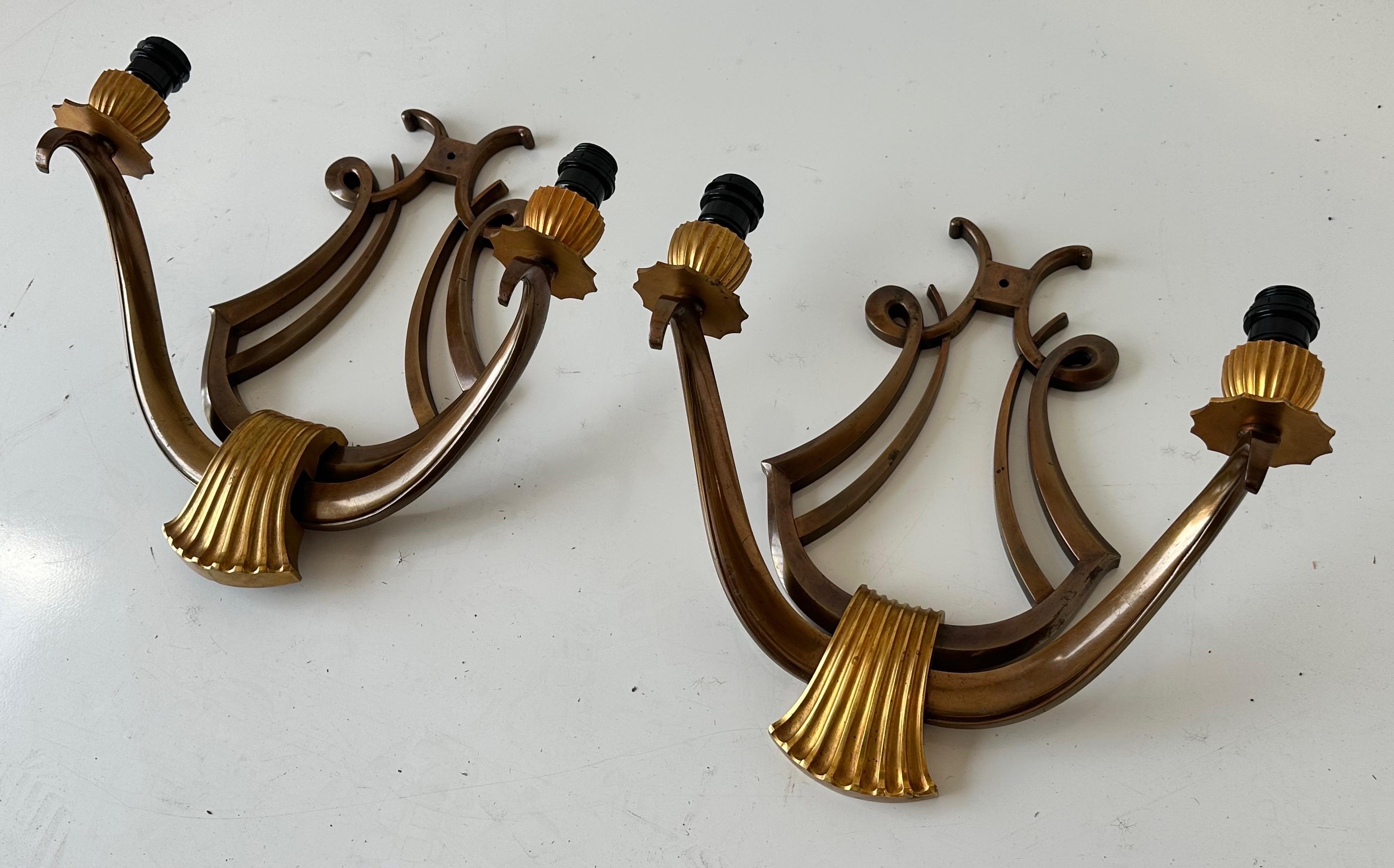 Pair of Genet Et Michon “Lyre” Bronze Sconces For Sale 5