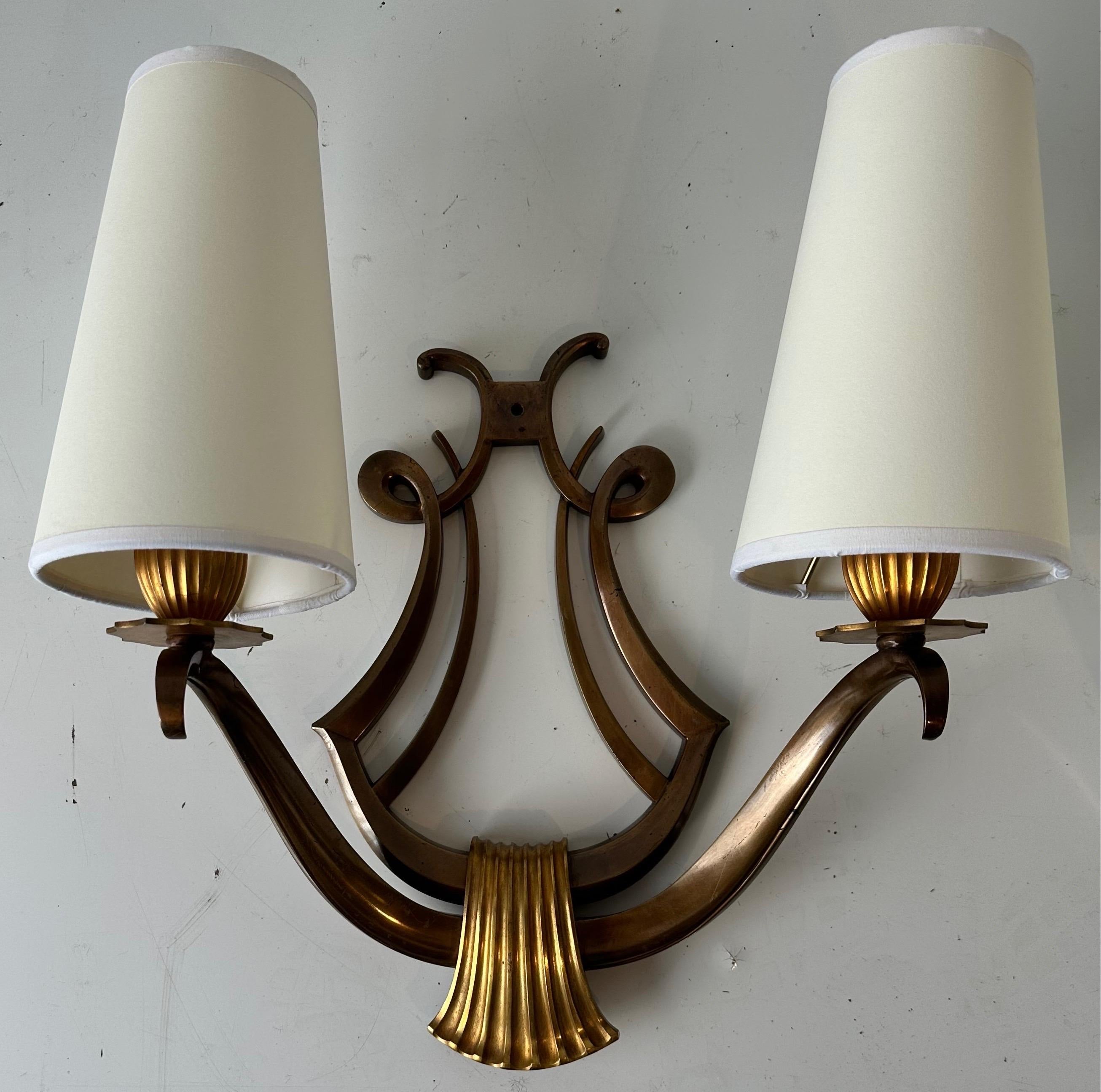 Pair of Genet Et Michon “Lyre” Bronze Sconces For Sale 6