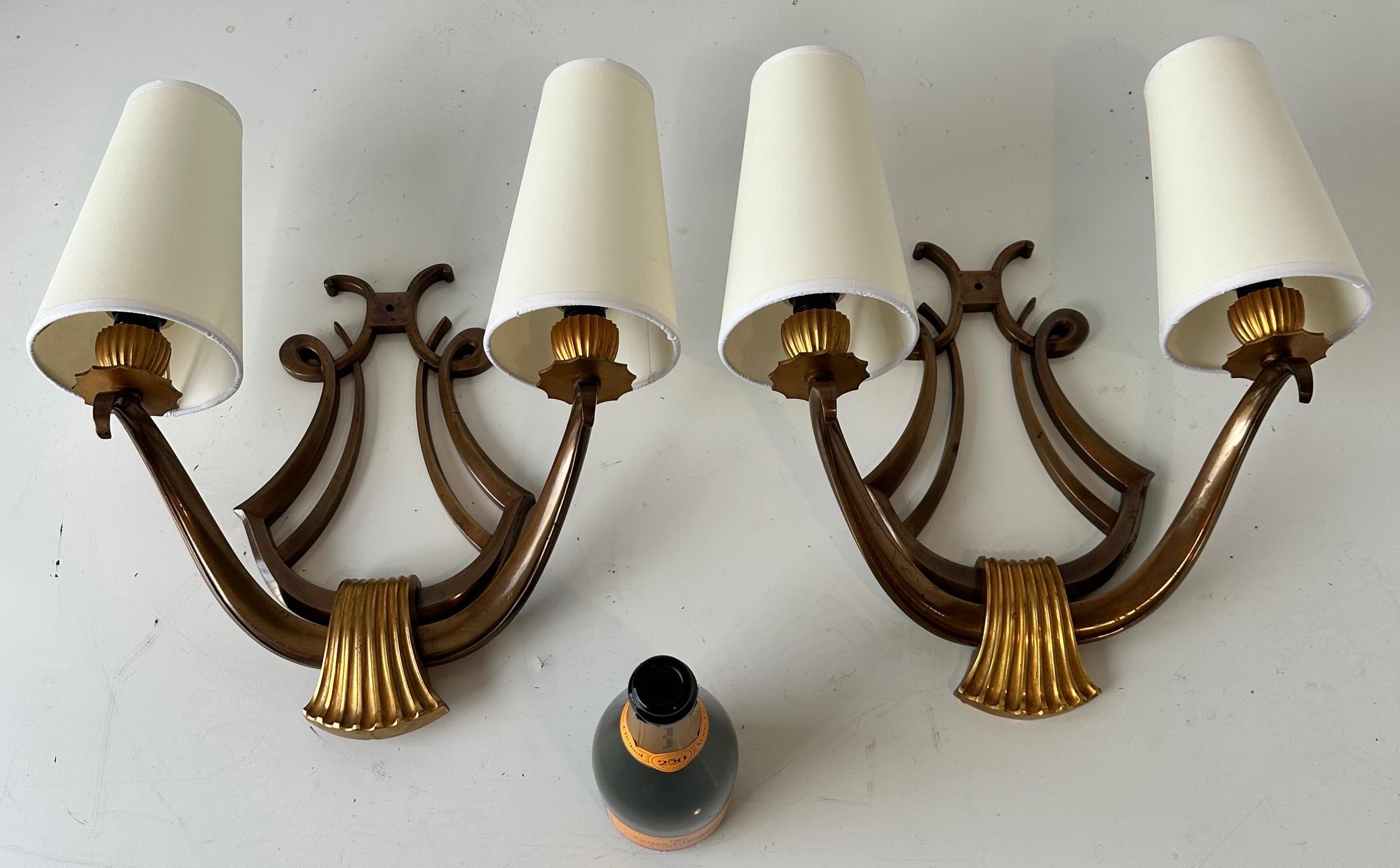 Pair of Genet Et Michon “Lyre” Bronze Sconces For Sale 7