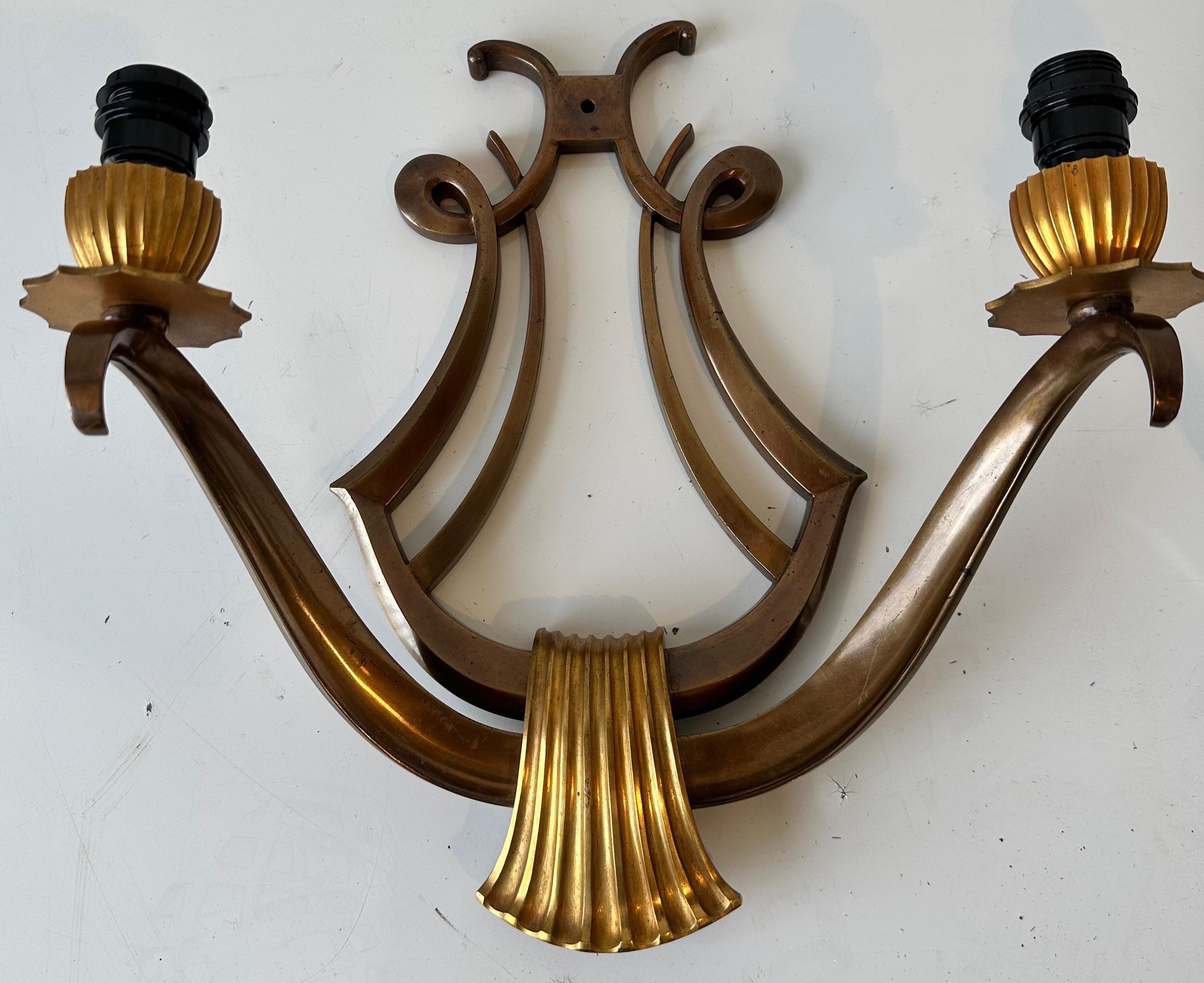 Mid-Century Modern Pair of Genet Et Michon “Lyre” Bronze Sconces For Sale