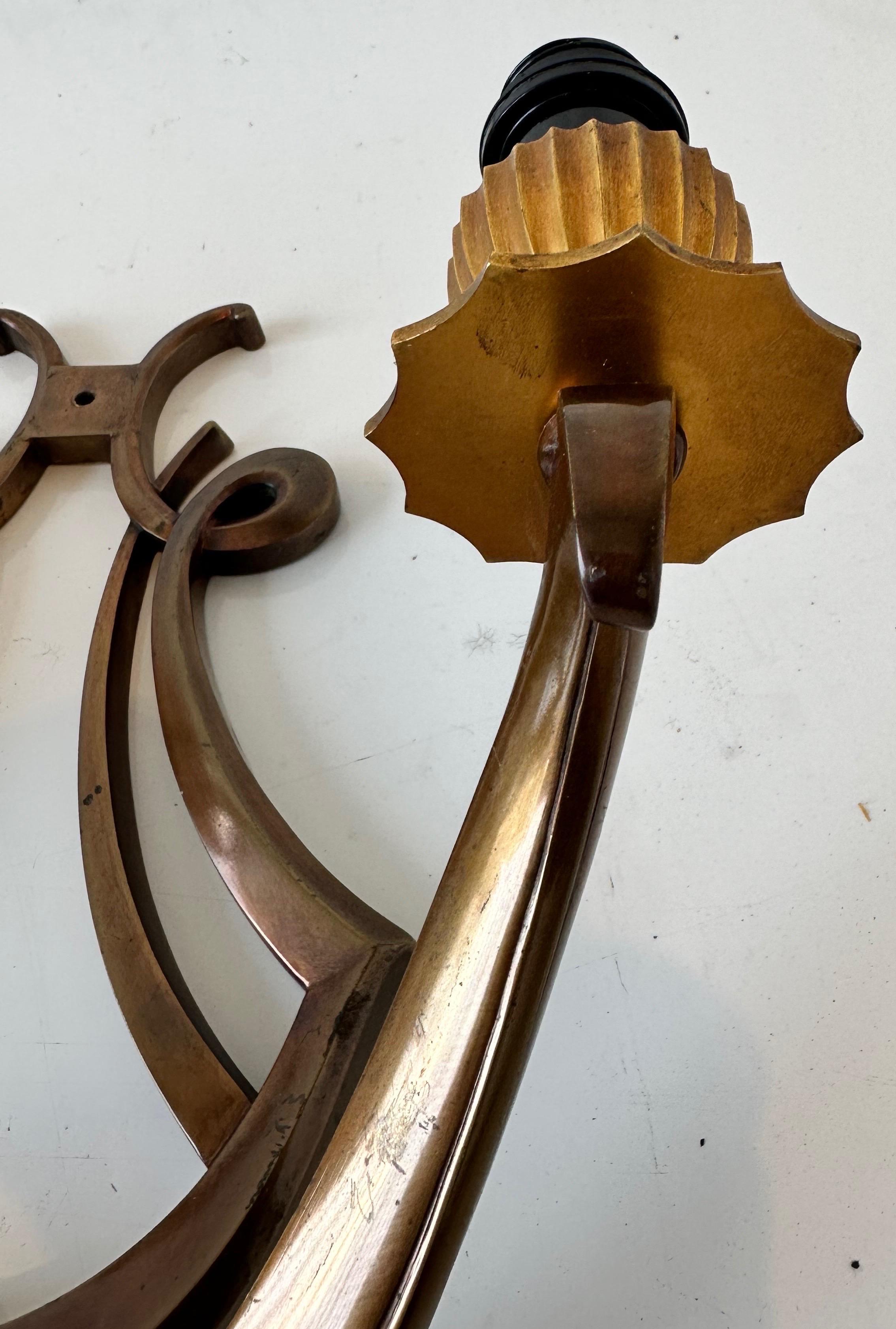 Mid-20th Century Pair of Genet Et Michon “Lyre” Bronze Sconces For Sale