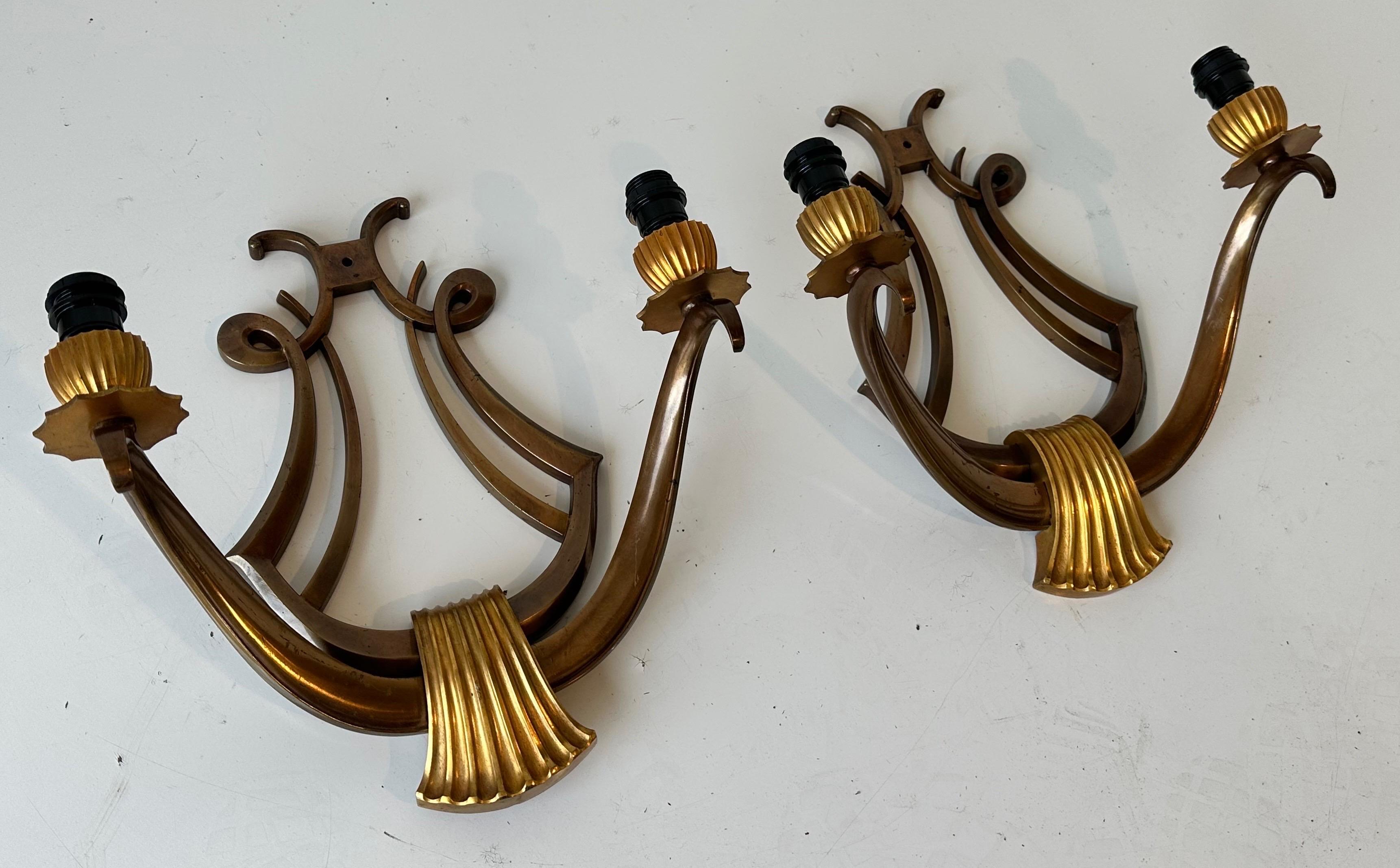 Pair of Genet Et Michon “Lyre” Bronze Sconces For Sale 2