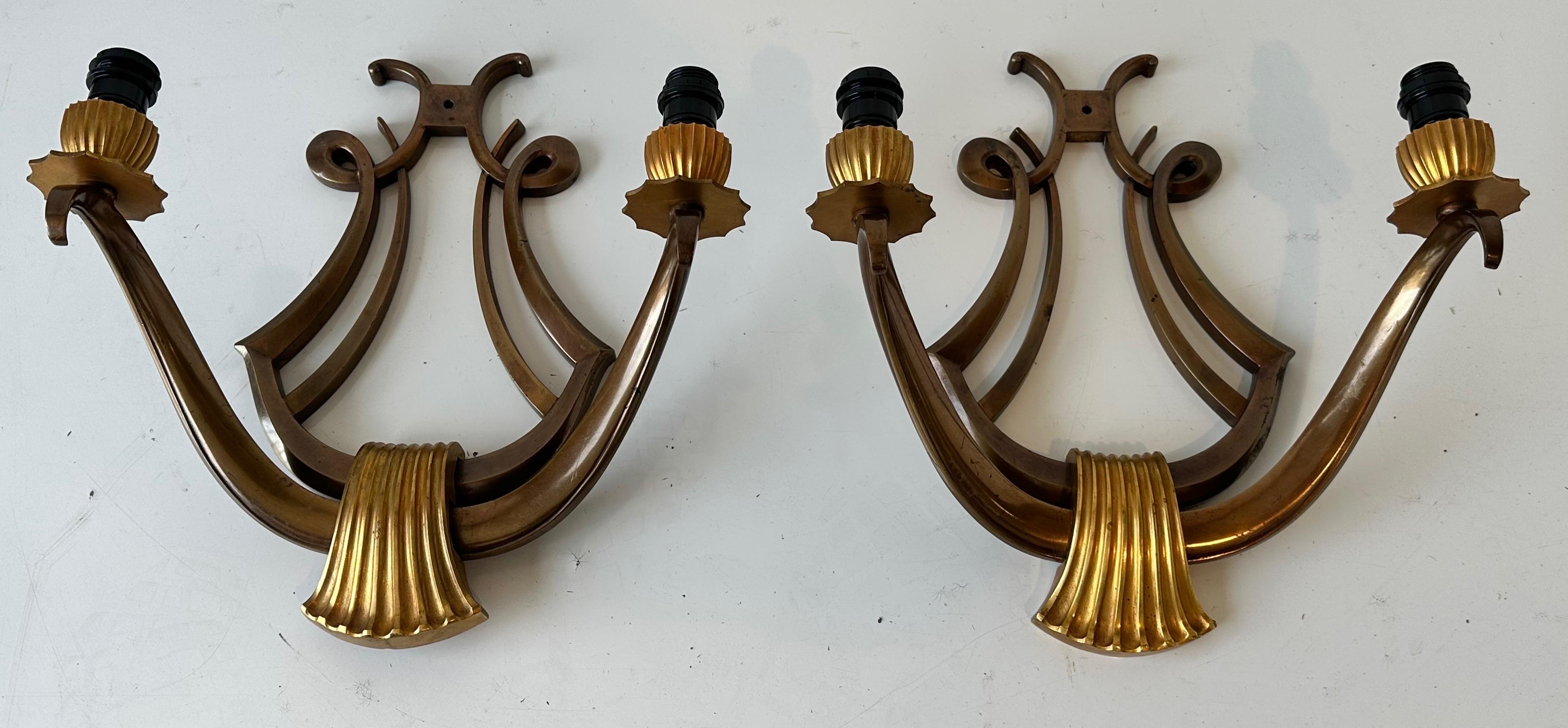 Pair of Genet Et Michon “Lyre” Bronze Sconces For Sale 3