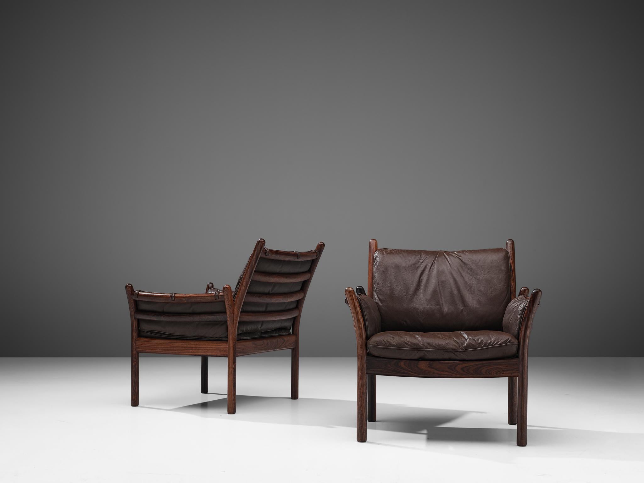 Mid-Century Modern Pair of 'Genius' Chair in Rosewood and Brown Leather by Illum Wikkelsø