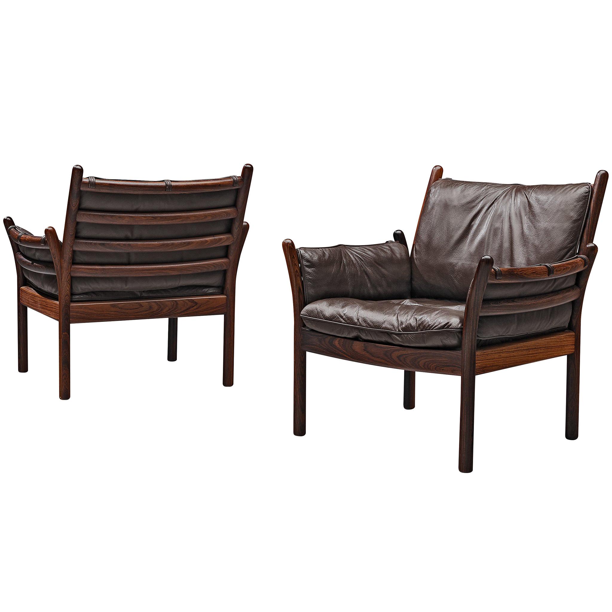 Pair of 'Genius' Chair in Rosewood and Brown Leather by Illum Wikkelsø
