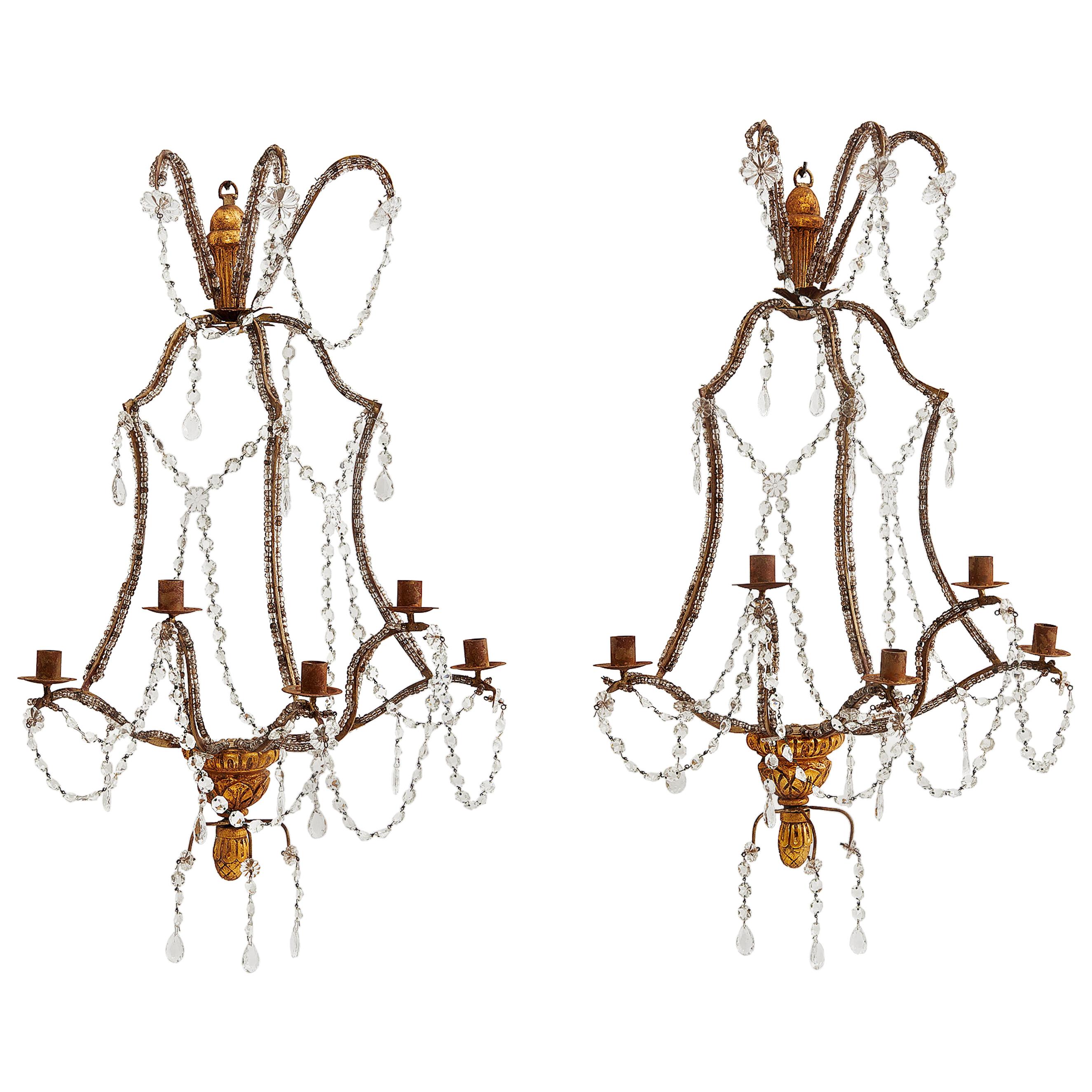 Pair of Genoese Giltwood and Beaded Glass 5-Light Wall Sconces, circa 1900 For Sale