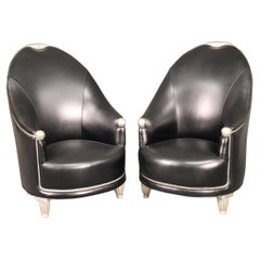 Pair of Genuine Top Grain Leather French Art Deco Silver Leafed Club Chairs
