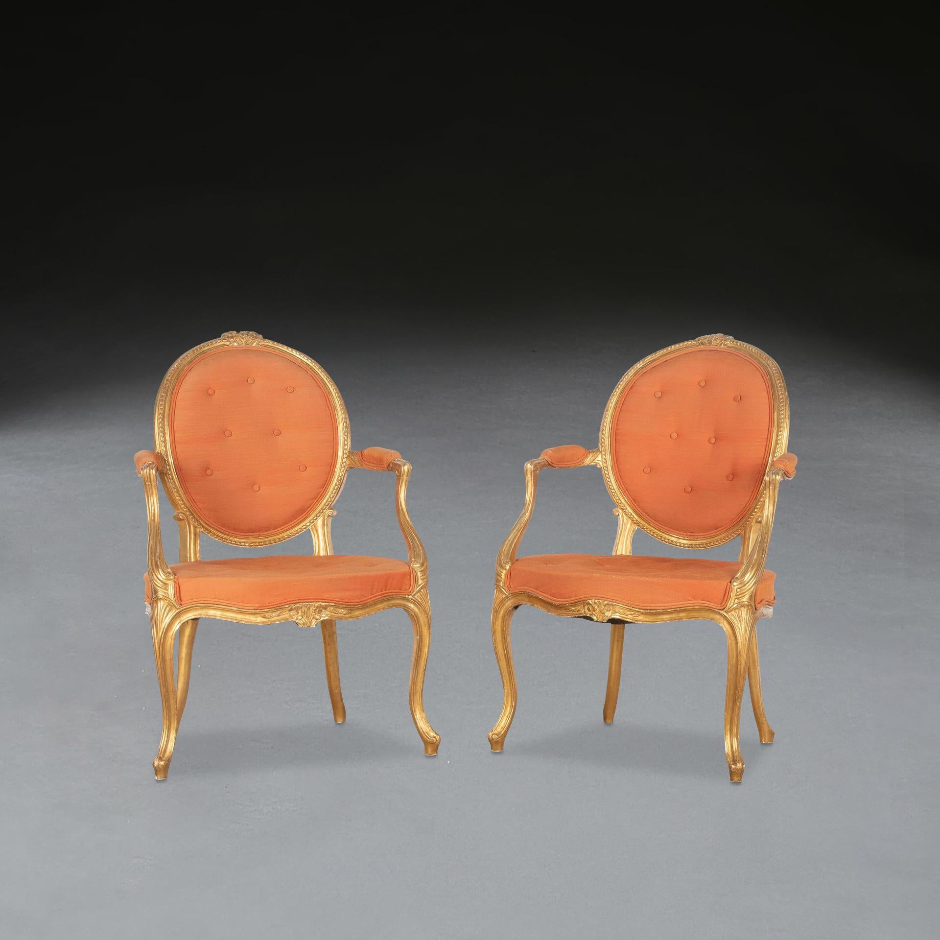 English Pair of Geo III Giltwood Open Armchairs For Sale