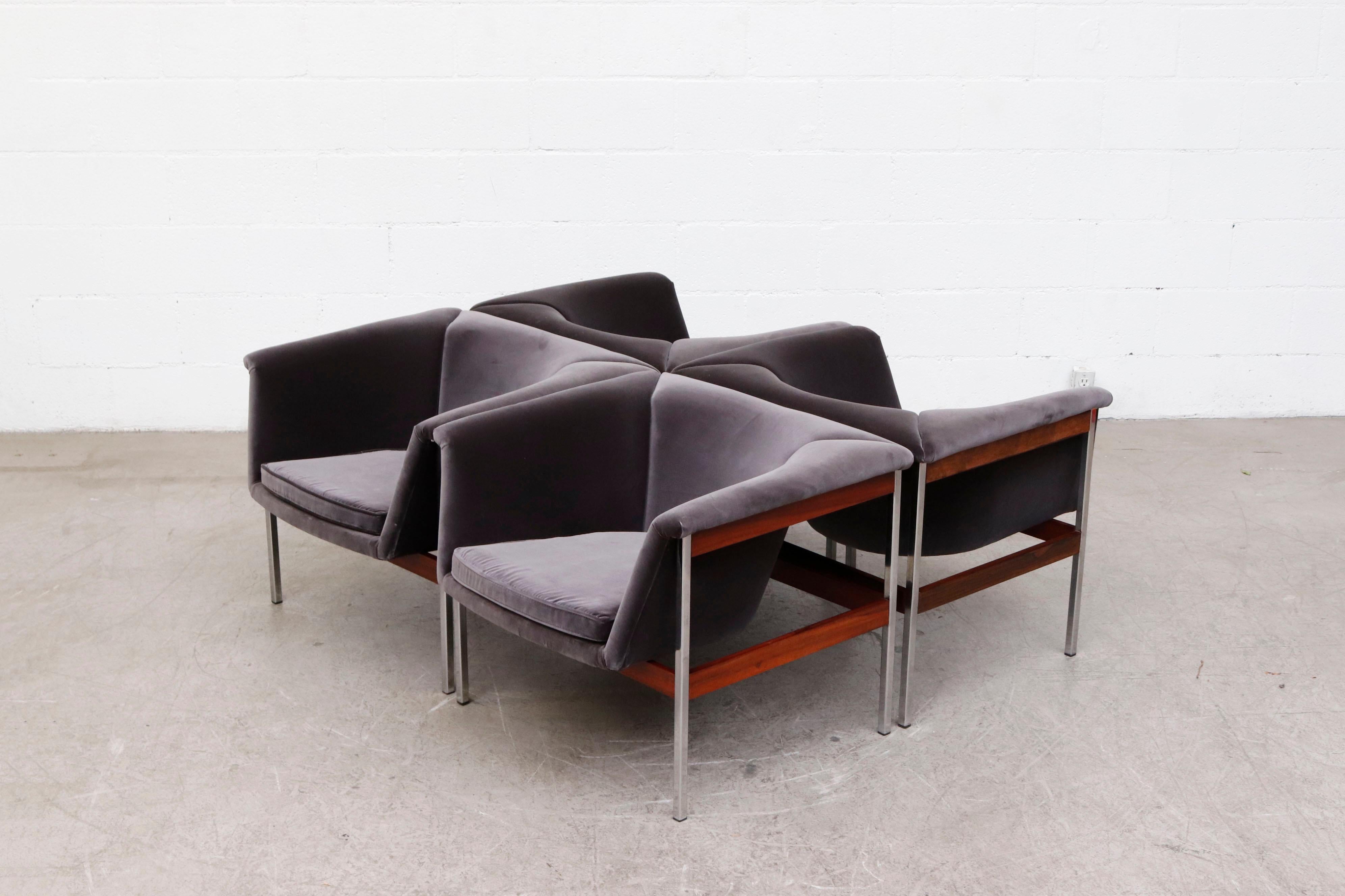 Pair of Geoffrey Harcourt series no. 042 lounge chairs designed in 1963. Designed as a multi-seat system where individual units are joined together, side by side and back to back. Both provide an individual seat in multiple seat situation such as