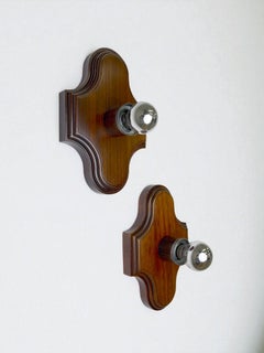 Pair of Geometric Art Deco Wall Lights, Carved brown wood, France, 1960s