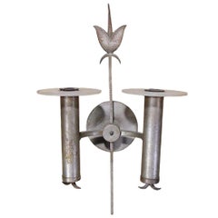 Pair of High Style Geometric Art Deco Silver Plate Bronze Wall Sconces