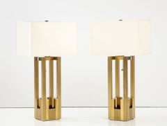 Pair of Geometric Brass and Chrome Table Lamps by Willy Rizzo for Lumica