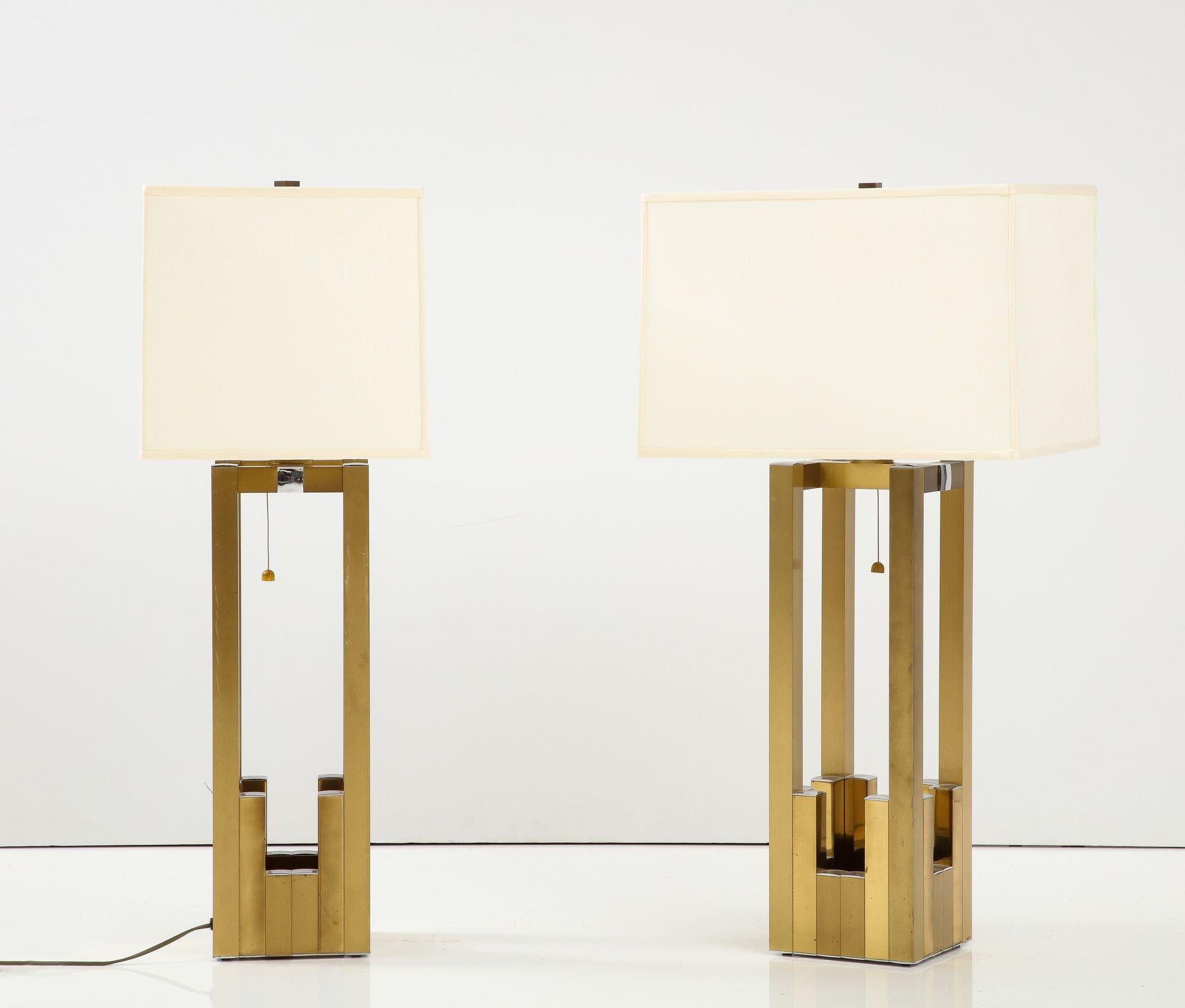 Late 20th Century Pair of Geometric Brass and Chrome Table Lamps by Willy Rizzo for Lumica