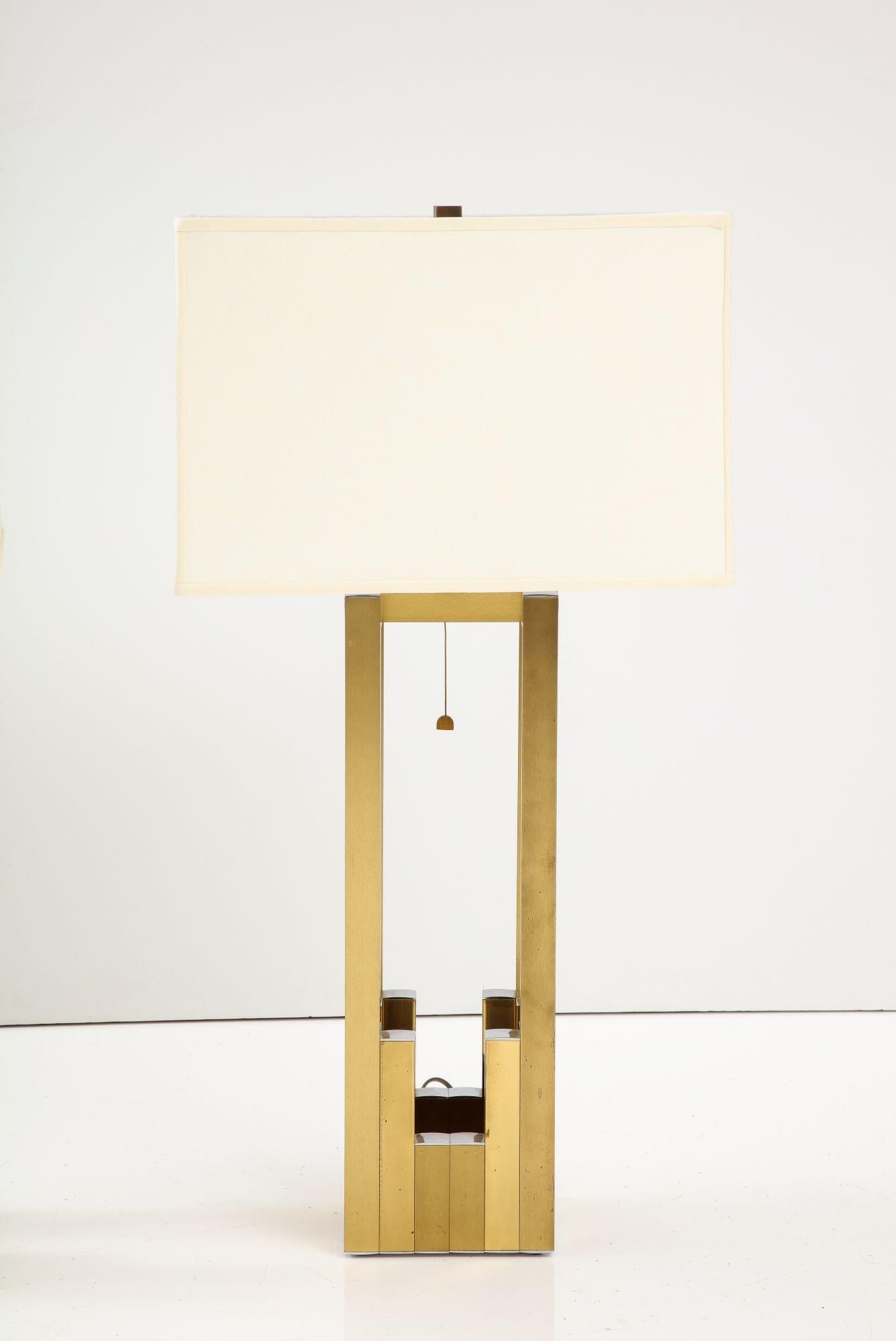 Pair of Geometric Brass and Chrome Table Lamps by Willy Rizzo for Lumica 1