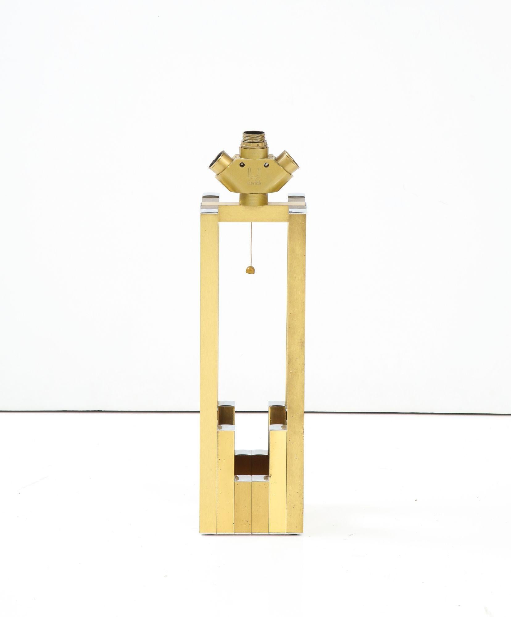 Pair of Geometric Brass and Chrome Table Lamps by Willy Rizzo for Lumica 2